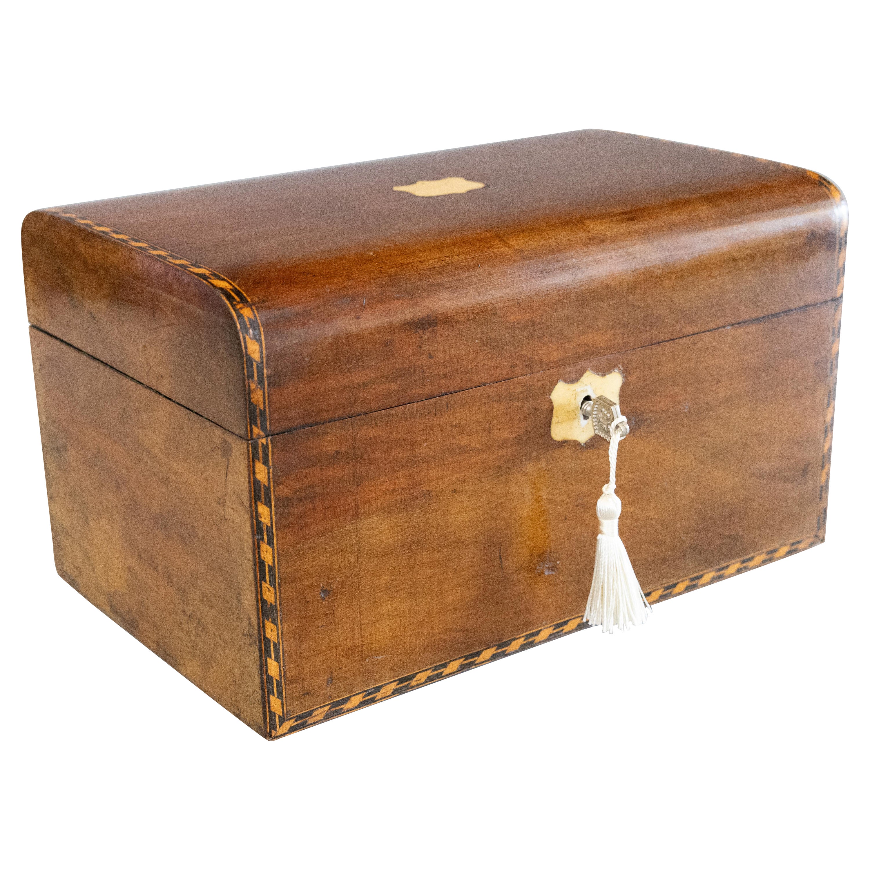19th-Century English Walnut Domed Tunbridge Box, Lock & Key