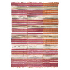Vintage 6x8 Ft Hand-Woven Anatolian Kilim, Striped Multicolor Rug, Flat-Weave, 100% Wool