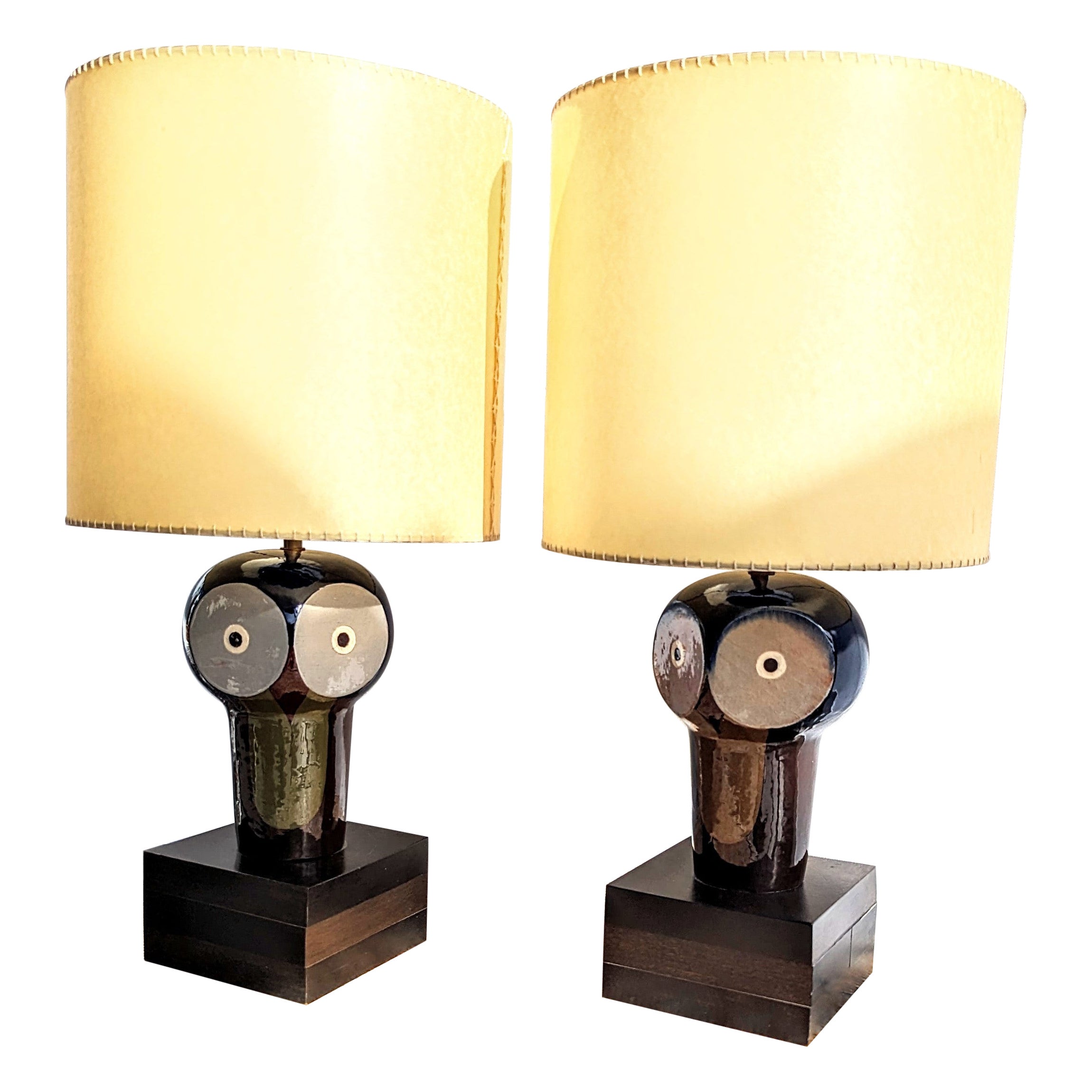 Pair of Ceramic Owl Table Lamps by Jordi Aguadé, Spain 1970s...