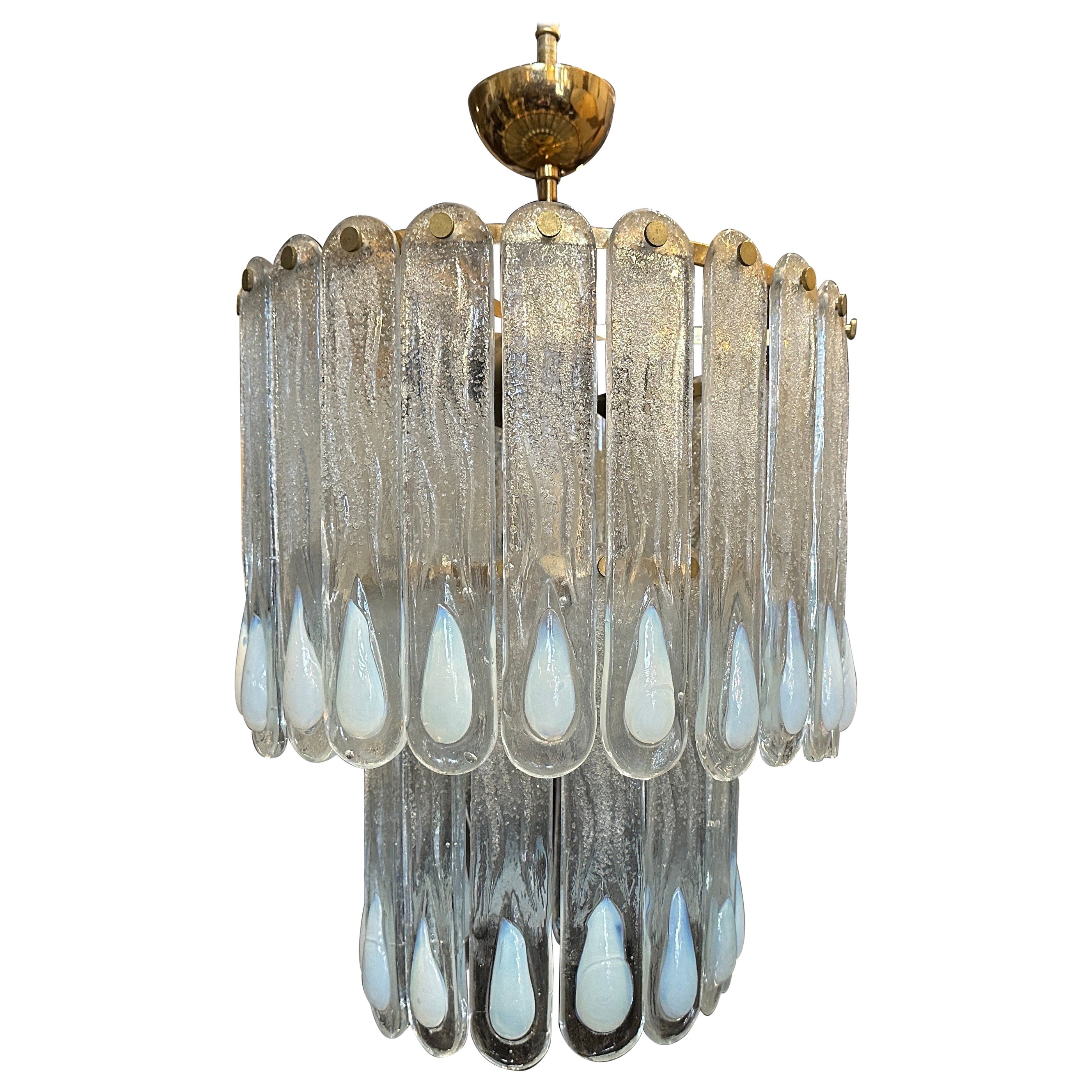 1970s Opalescent Murano Glass and Gilded Metal Cascade Chandelier by Mazzega For Sale