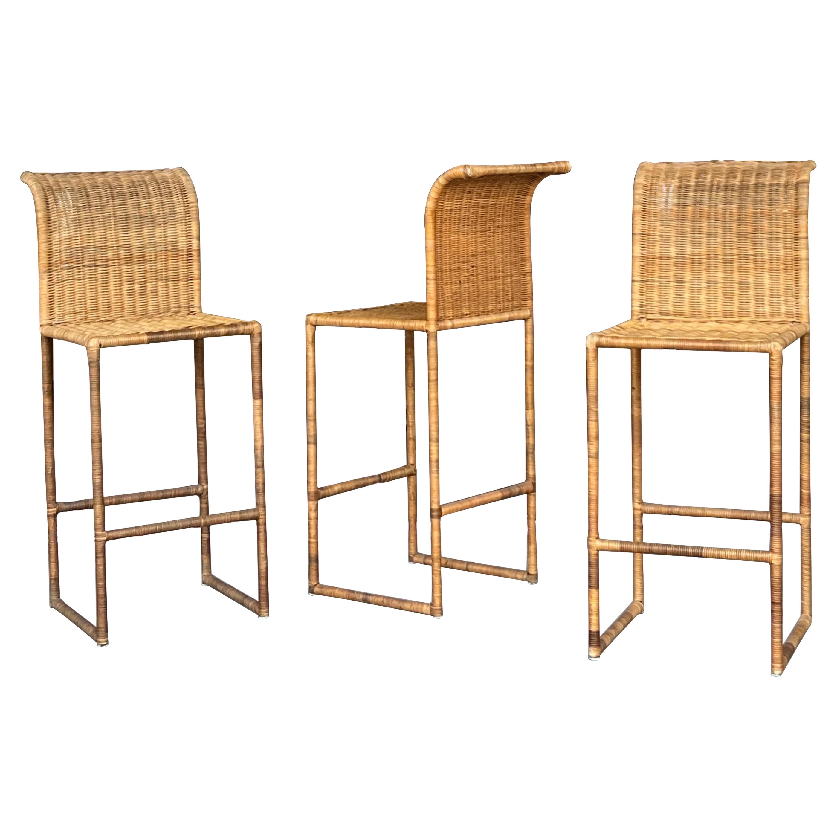 3 Wicker Rattan 1970s Tall Barstools 