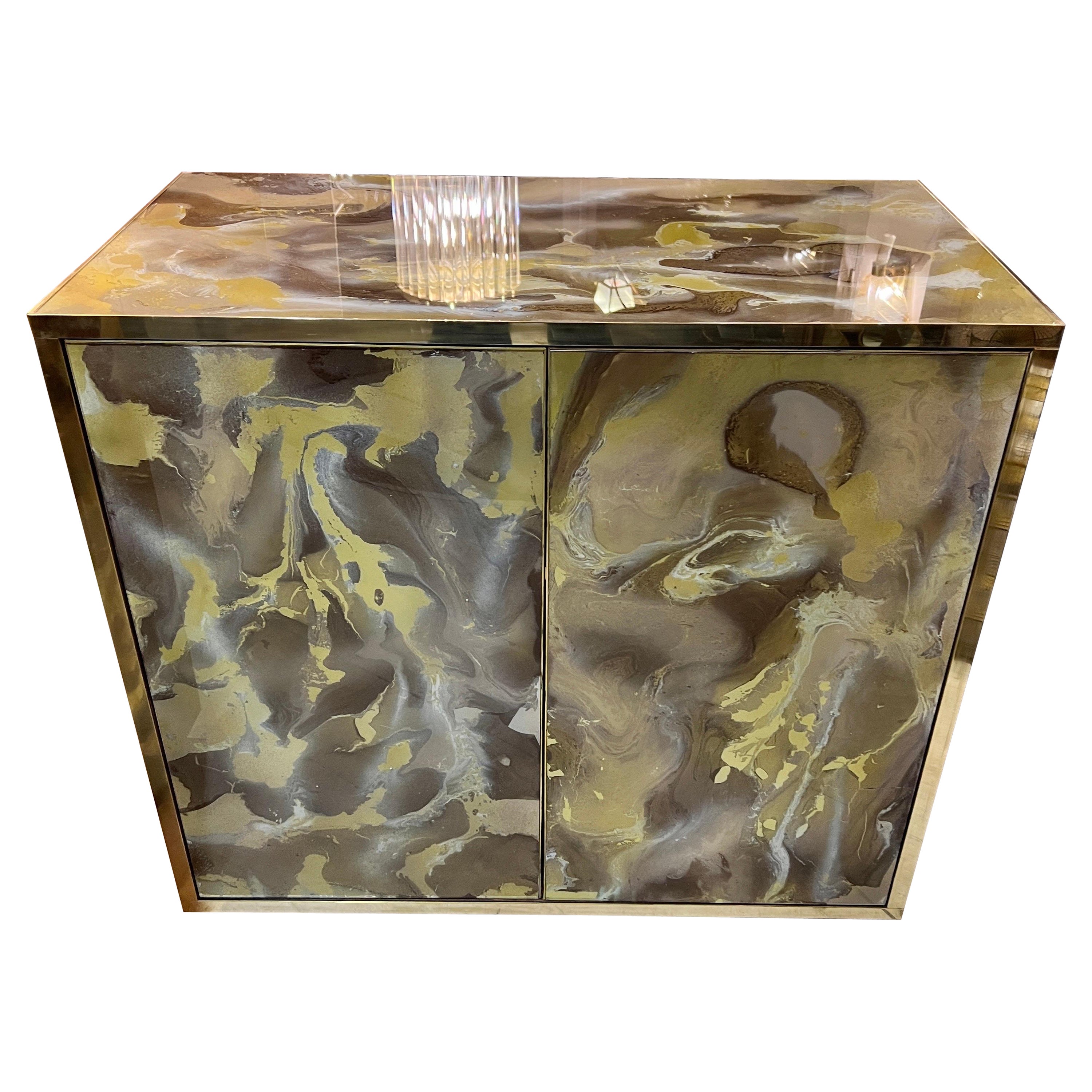 Back Hand-Painted Glass Cupboard Marbled Effect with Brass Frame, 1980s For Sale
