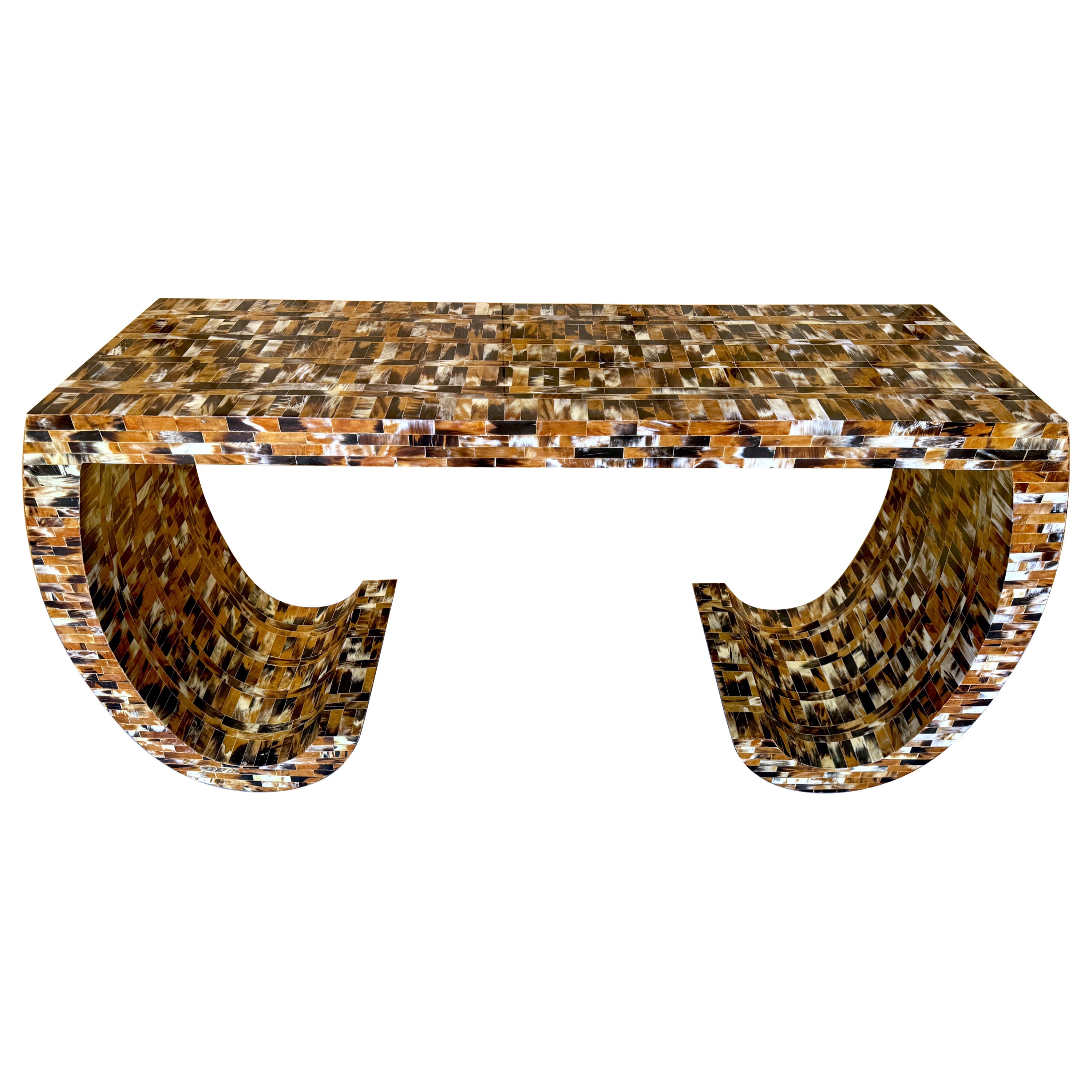 Tessellated Cow Horn Scroll Leg Console Table by Enrique Garcel, Circa 1980s For Sale