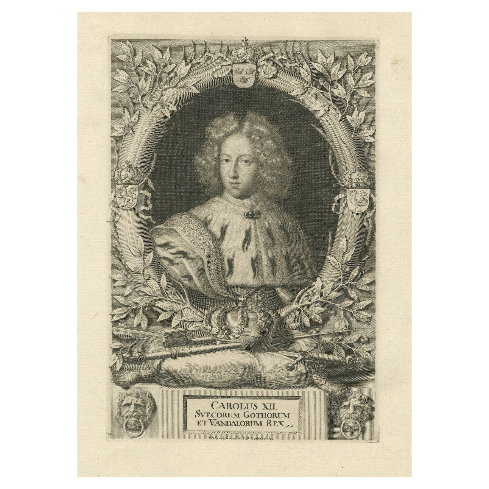 Original Antique Portrait of Charles XI of Sweden, Engraved in 1698 For Sale