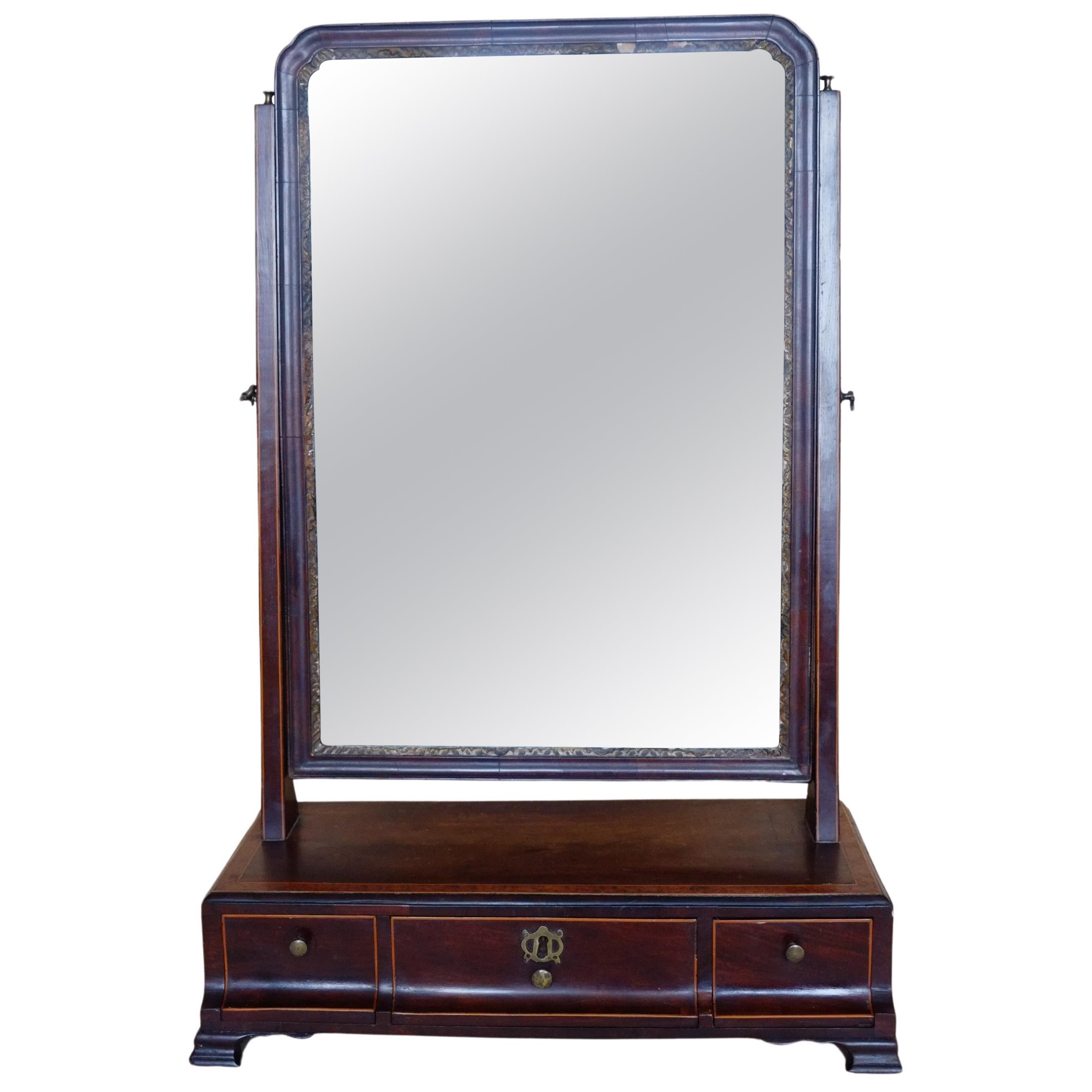 Georgian Inlaid Mahogany & Maple English Vanity Table Mirror with Drawers  For Sale