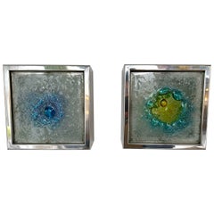 Pair of Metal Chrome Box Sconces Bubble Glass, Netherland, 1970s