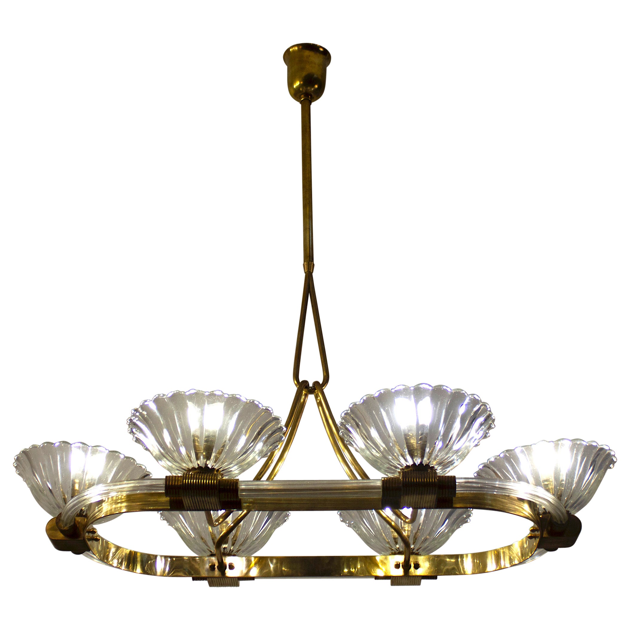  Art Deco Oval Shape Brass and Murano Glass Chandelier by Ercole Barovier 1940