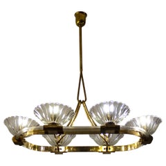  Art Deco Oval Shape Brass and Murano Glass Chandelier by Ercole Barovier 1940
