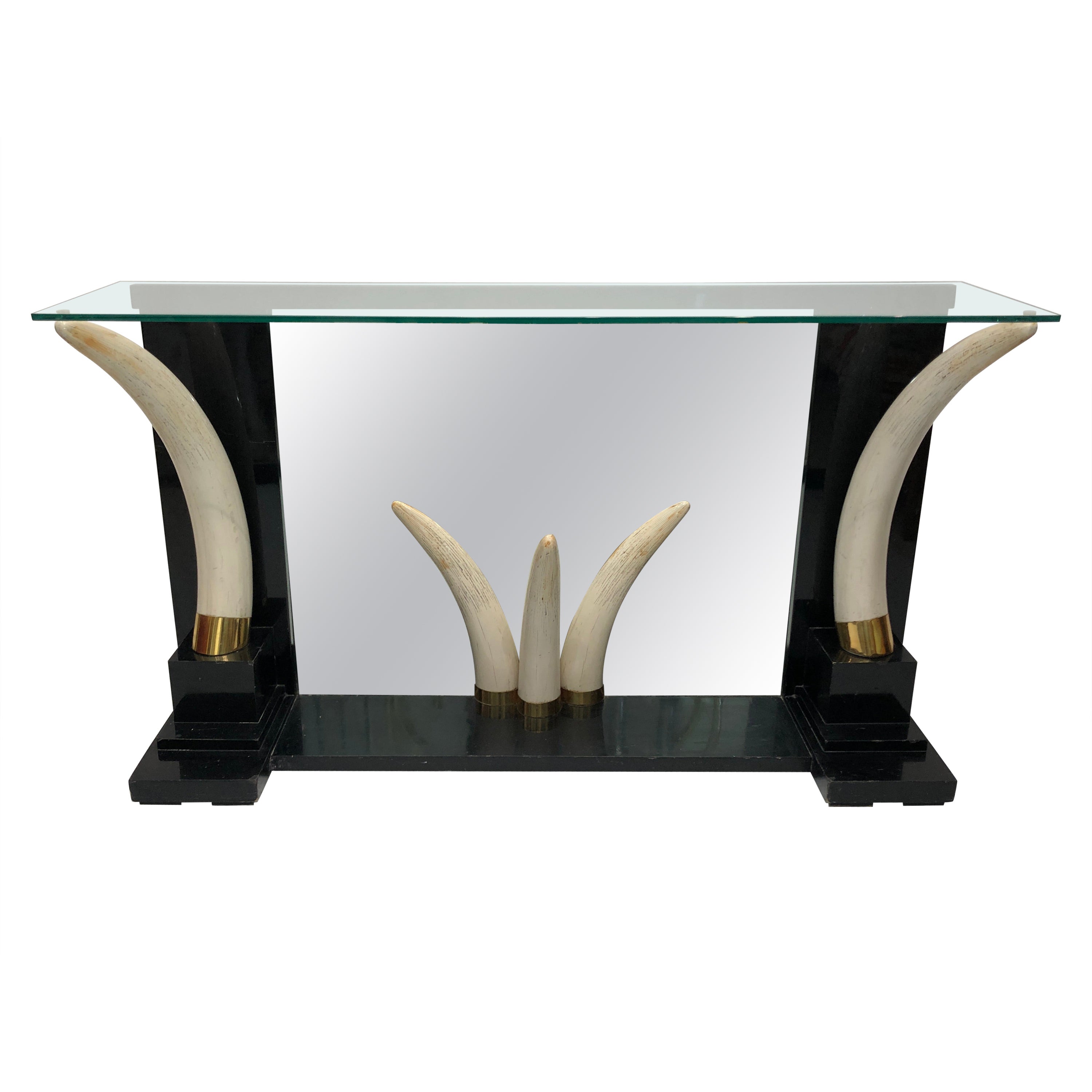 Versailles Collection Elephant Faux Tusk Ebony Console Table Mirror Glass 1970s For Sale