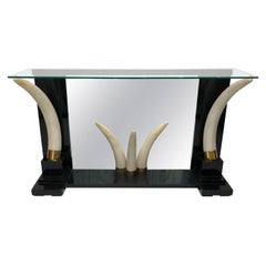 Versailles Collection Elephant Faux Tusk Ebony Console Table Mirror Glass 1970s