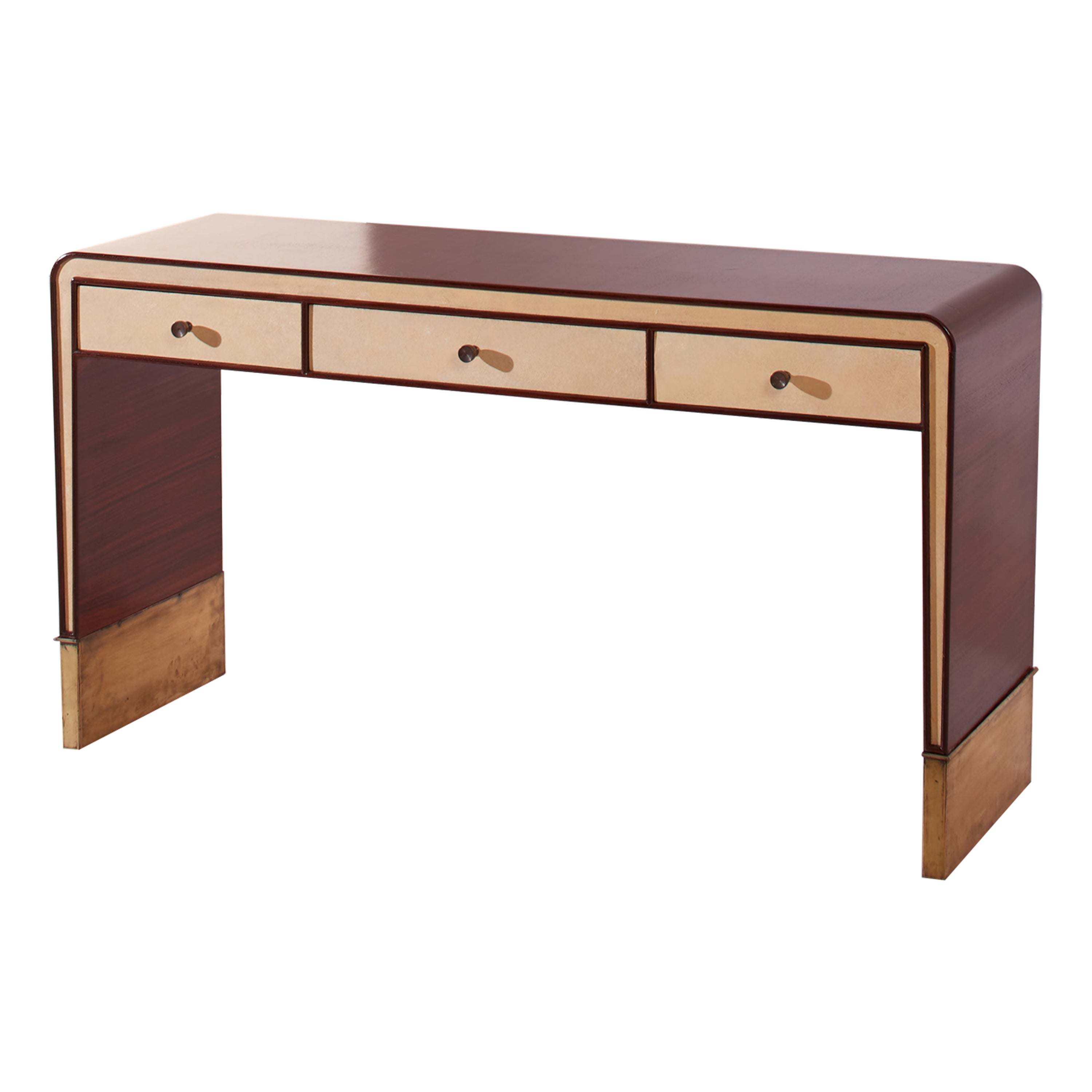 Gio Ponti walnut, parchment, and brass console or dressing table, Italy, 1930s For Sale