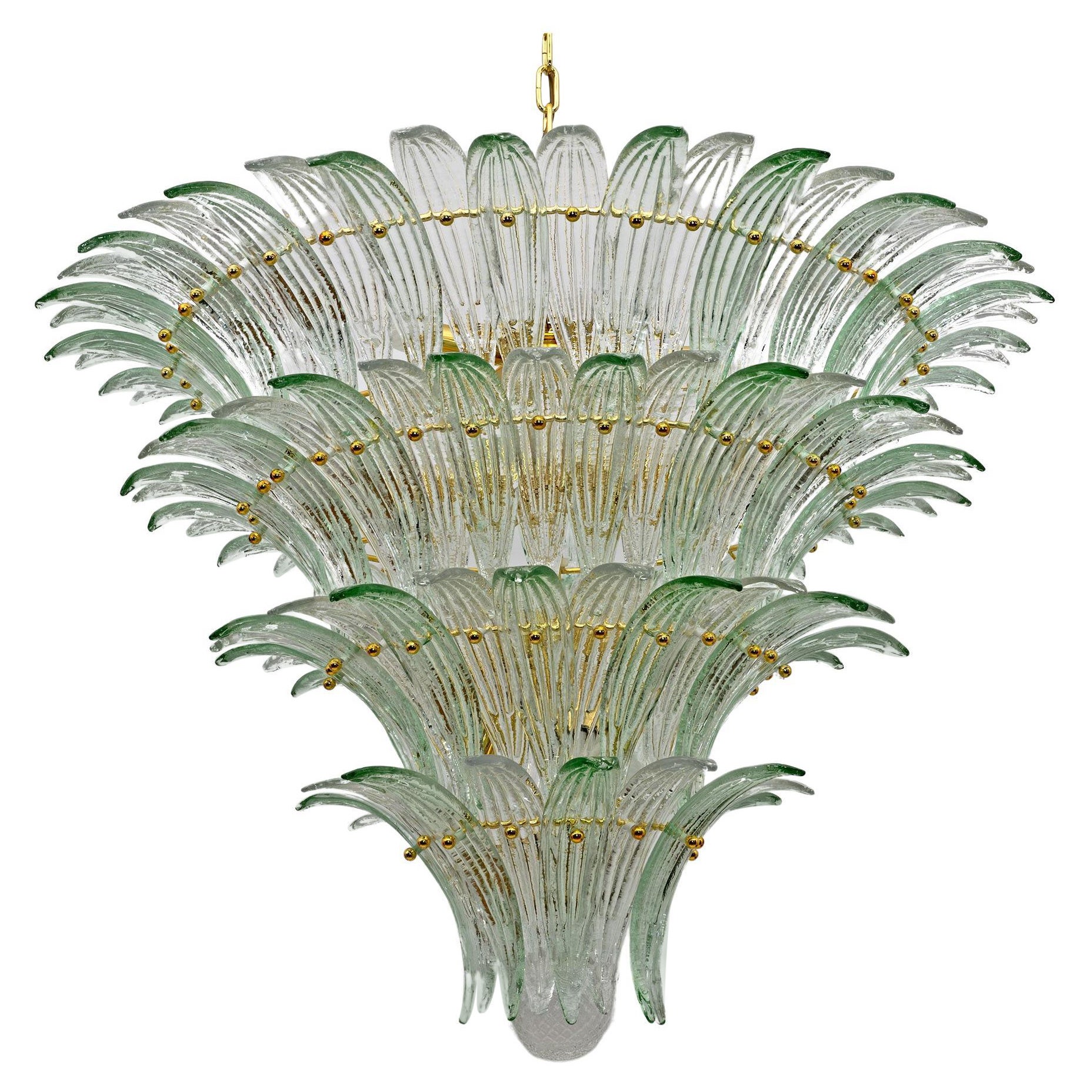 Mid-century Modern Italian Murano Glass and Brass Palmette Chandelier For Sale