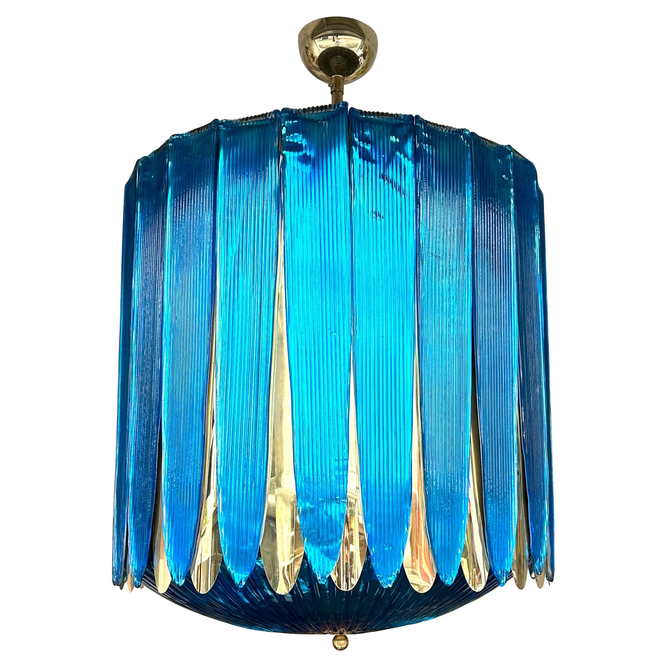 Large Contemporary Balloon Chandelier Brass and Blue Murano Glass, Italy