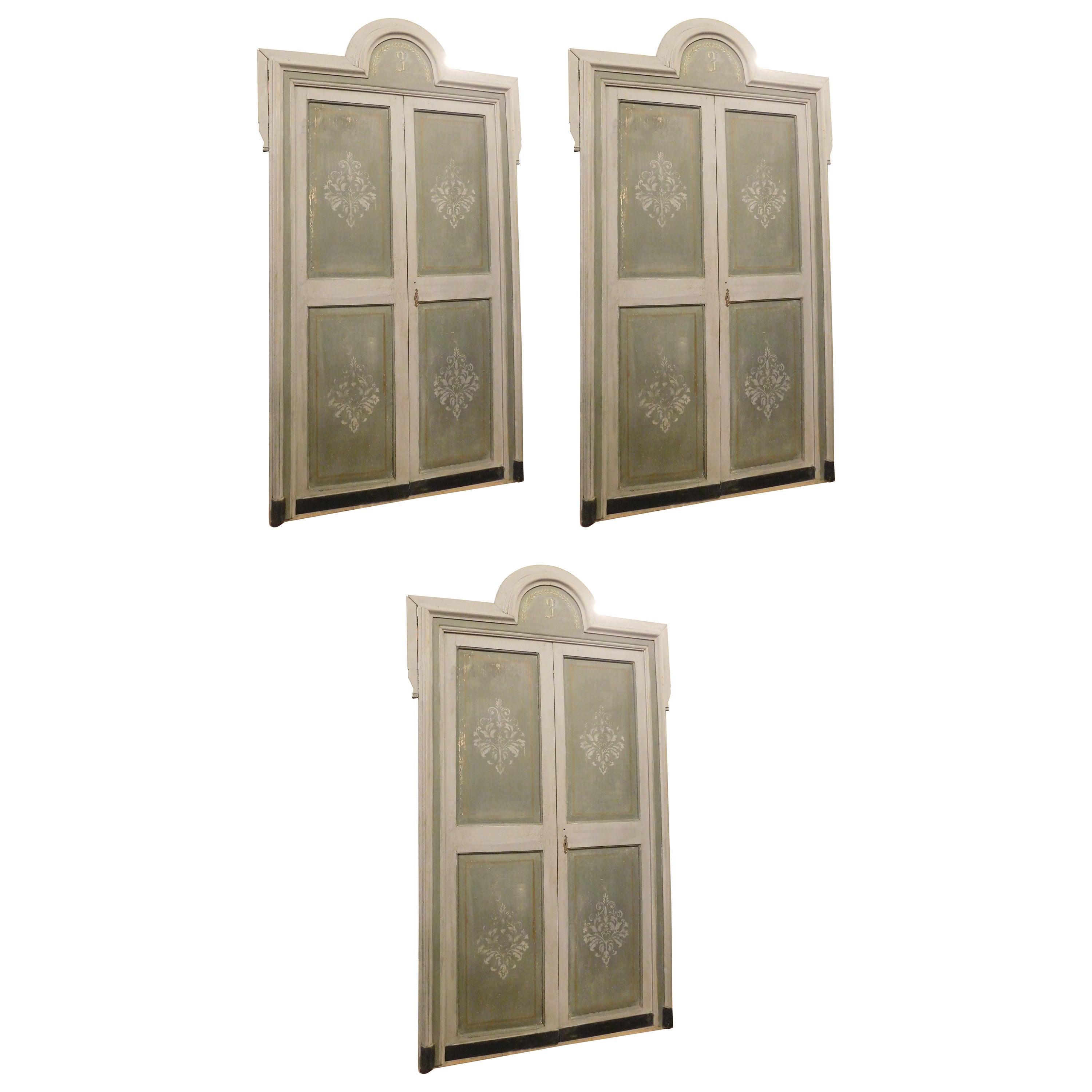 Set of 3 double doors with frame, hand painted, from a hotel in Italy For Sale