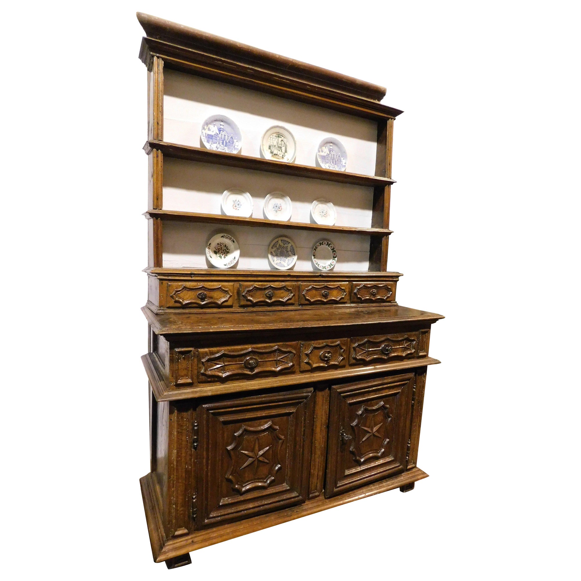 Old furniture, richly carved walnut plate rack, from Turin, Italy For Sale