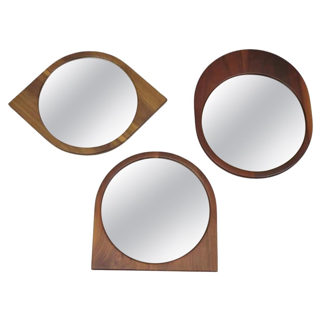 Mid Century Danish Modern Sculpted Teak Wood Mirrors - 3 pc Set