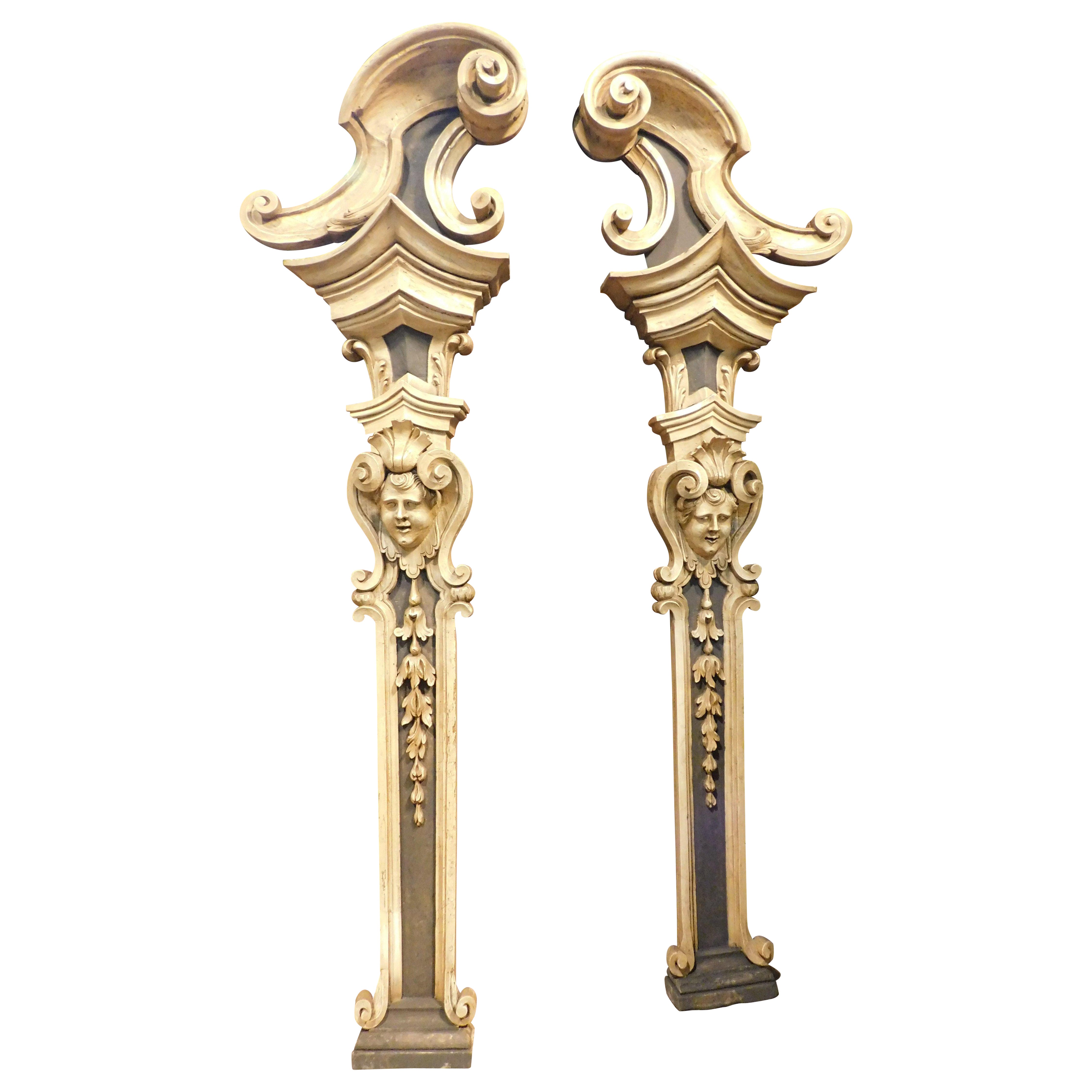pair of carved column pilasters, richly carved and lacquered, Italy For Sale