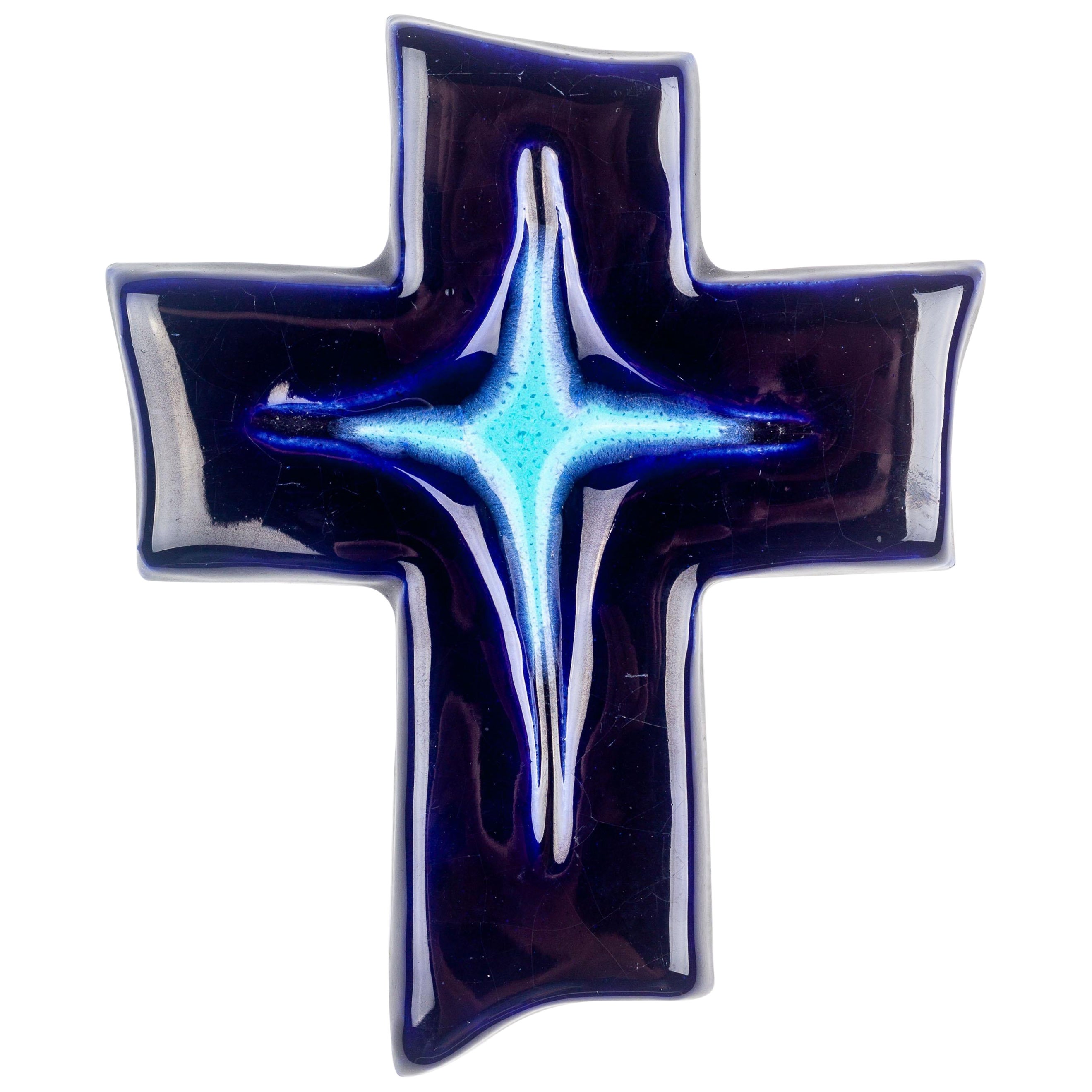 Cosmic Midnight Blue Mid-Century Ceramic Cross For Sale