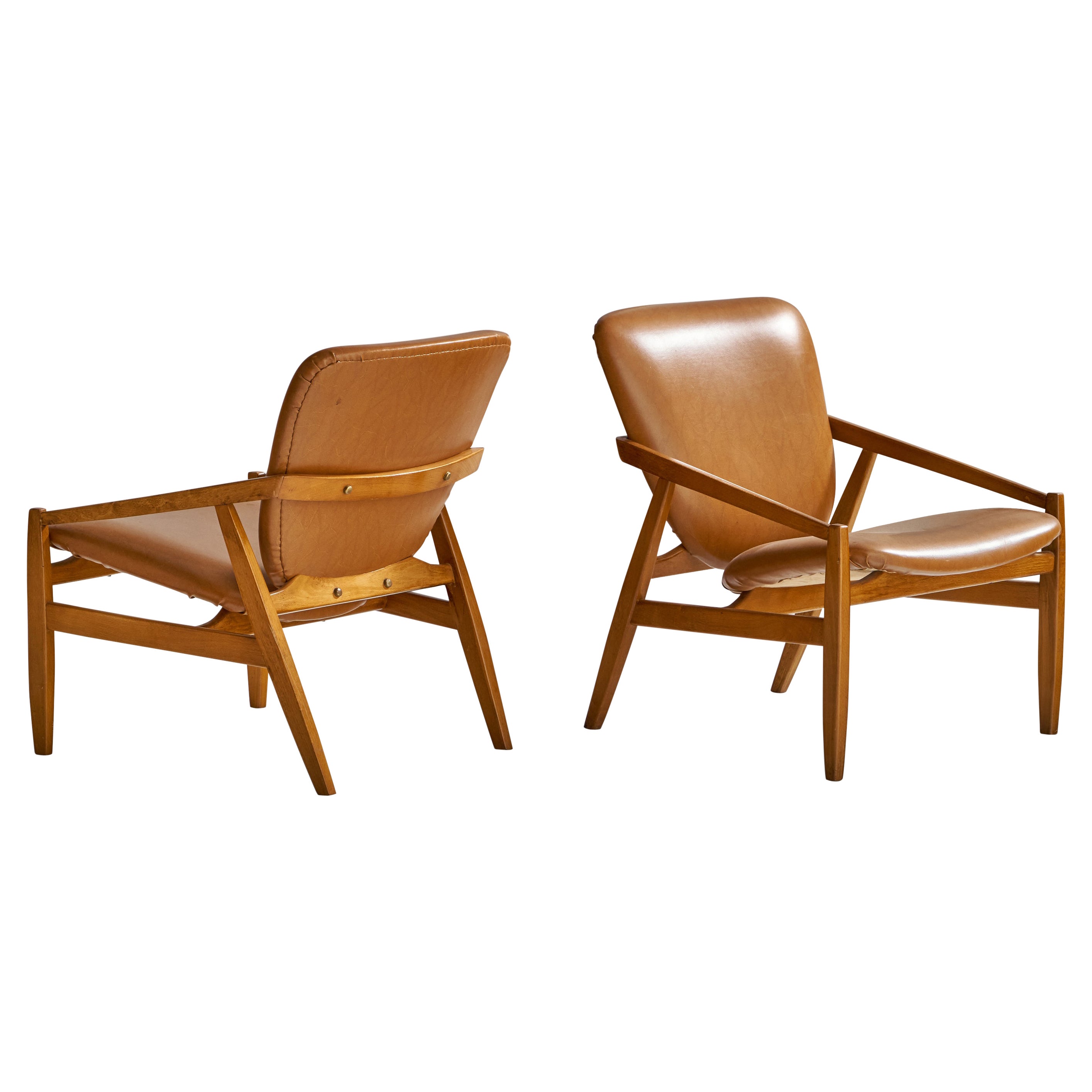 Italian Designer, Lounge Chairs, Walnut, Leatherette, Italy, 1950s For Sale