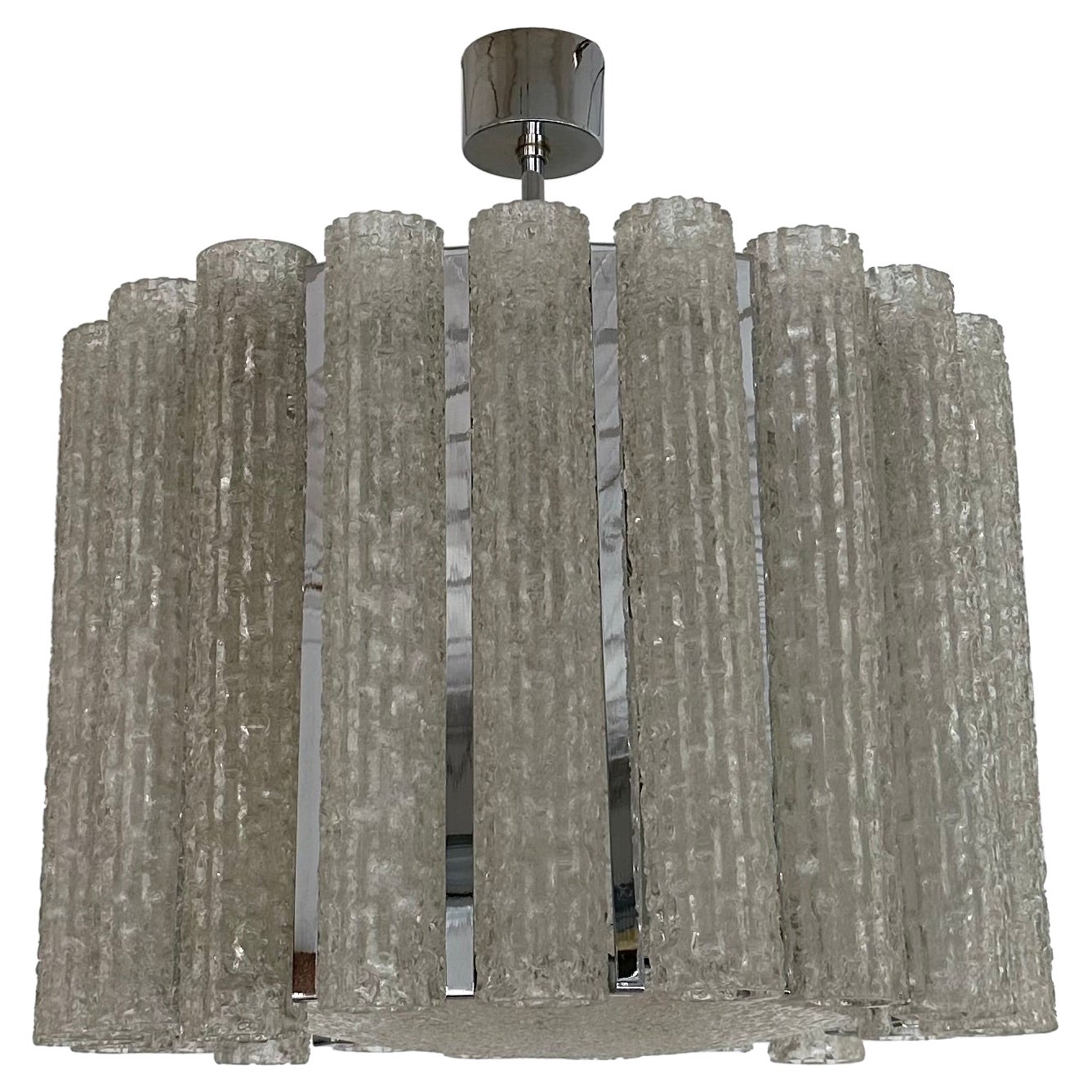 Murano Glass Tube and Metal Chrome Chandelier. Italy, 1970s