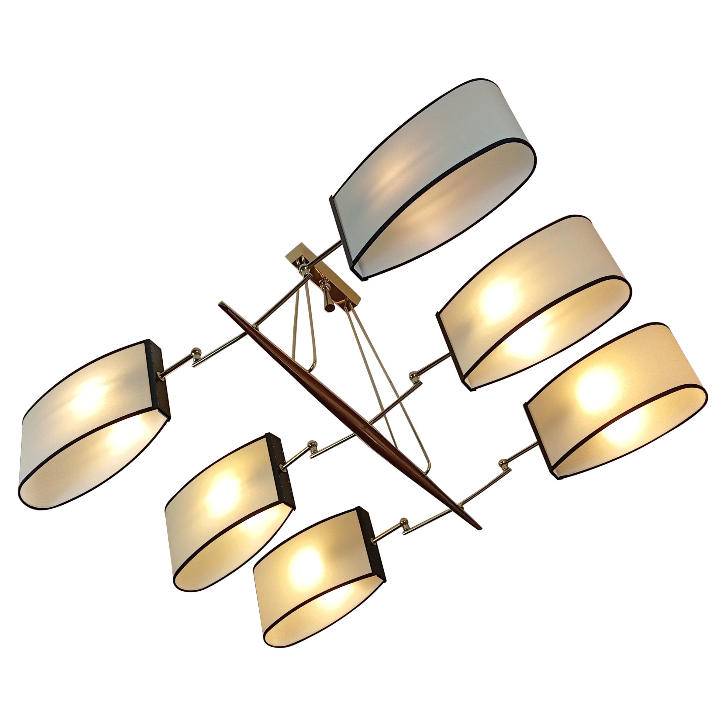 Brass and teak wood 6-arm chandelier Maison Lunel circa 1960 For Sale