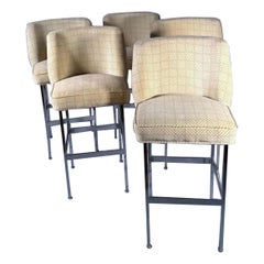 Retro 1970s Chromed Steel and Velvet Bar Stools, Set of 5