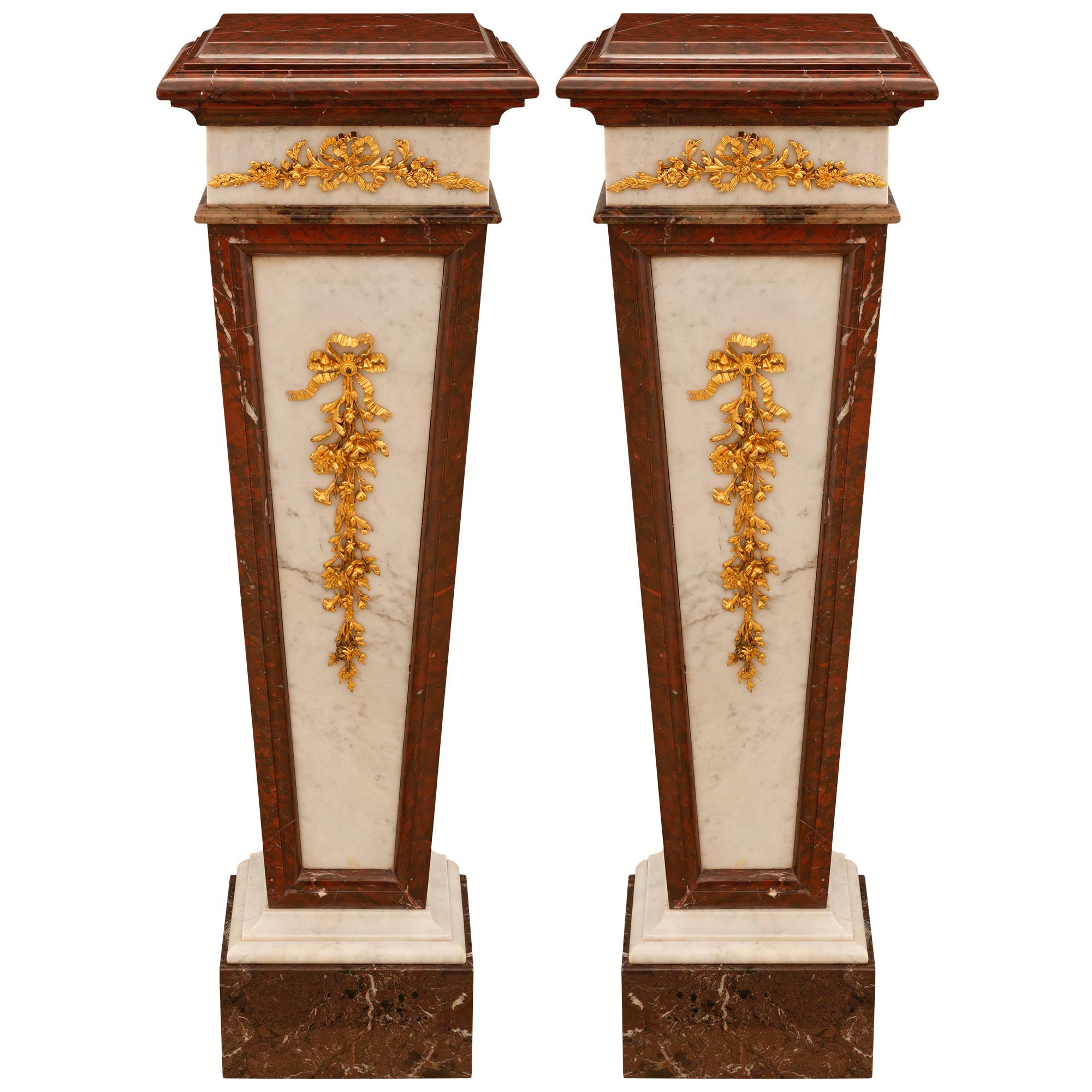 Pair Of French 19th c. Louis XVI St. Rouge Griotte & Ormolu Pedestals