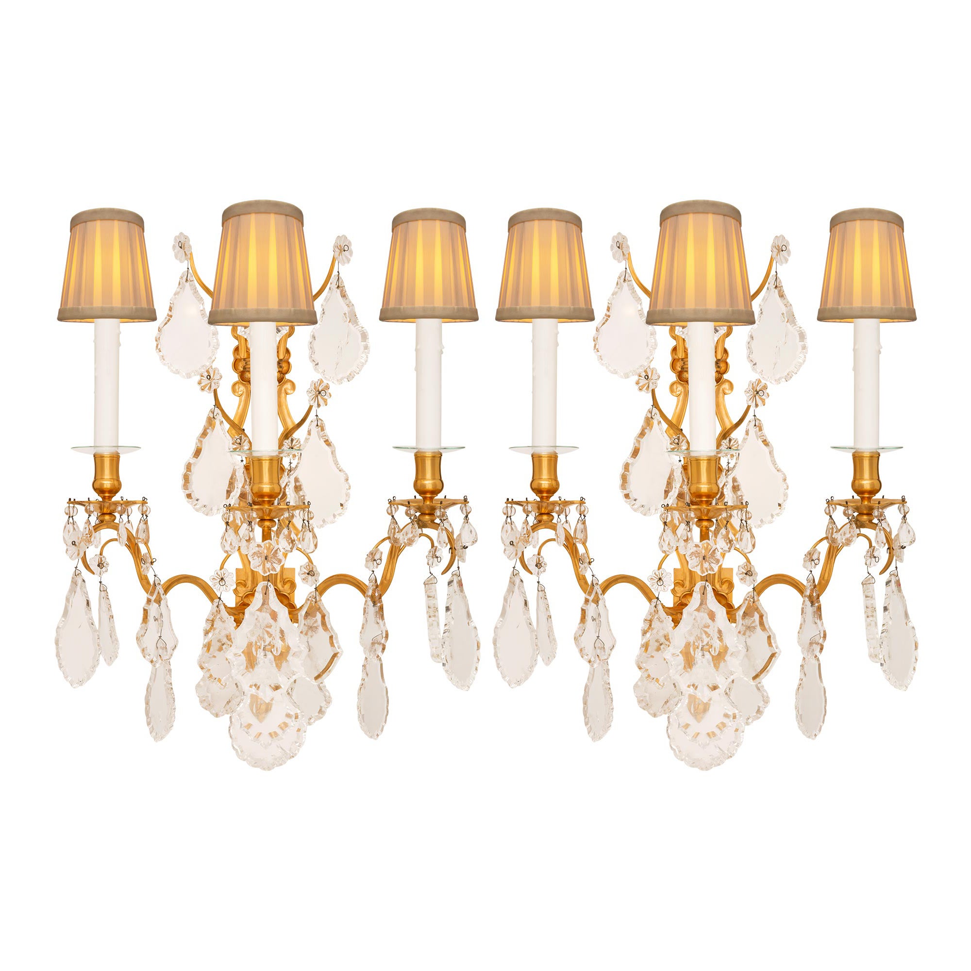 Pair Of French 19th Century Louis XV St. Ormolu And Rock Crystal Sconces For Sale