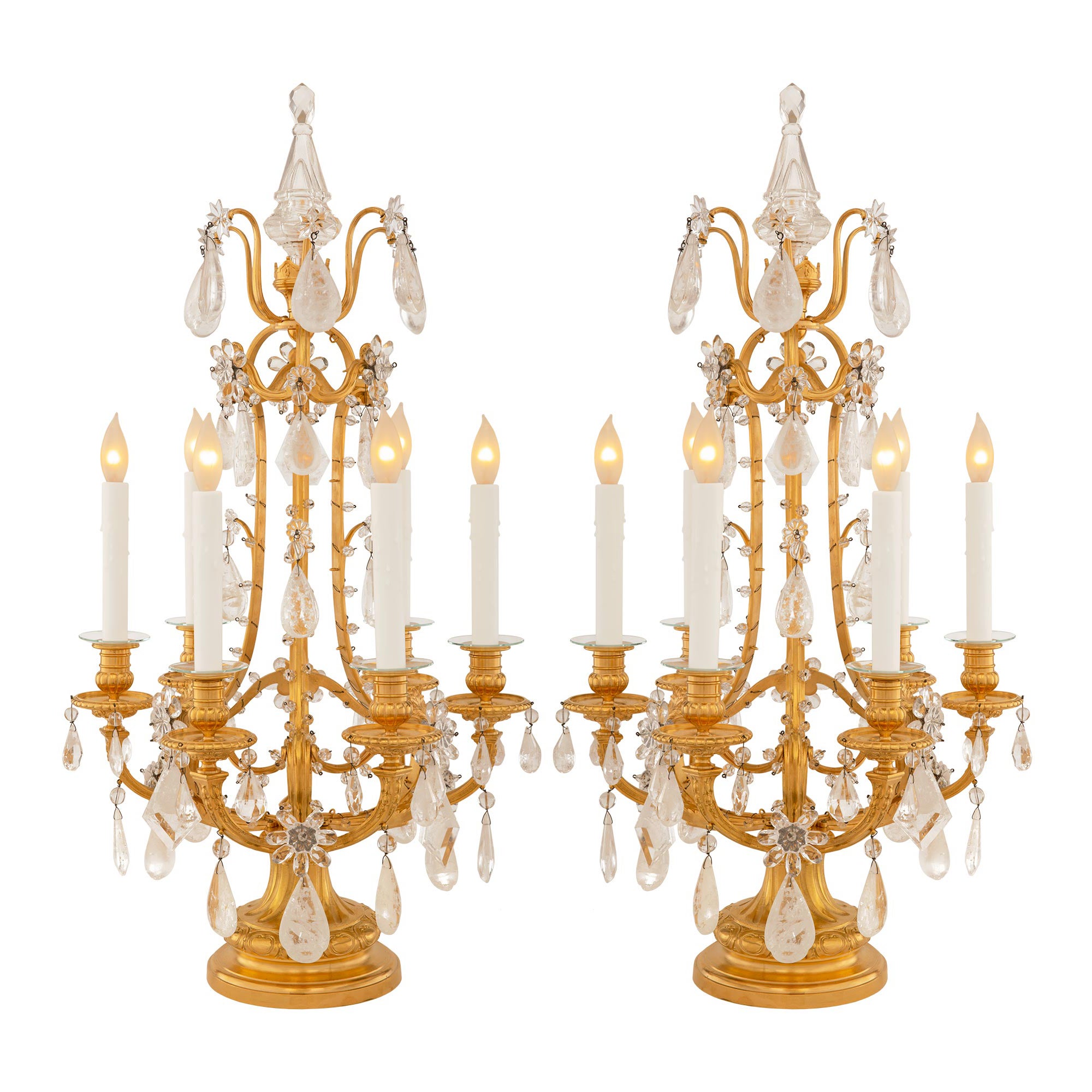 Pair Of French 19th Century Louis XVI St. Rock Crystal & Crystal Girandole Lamps For Sale