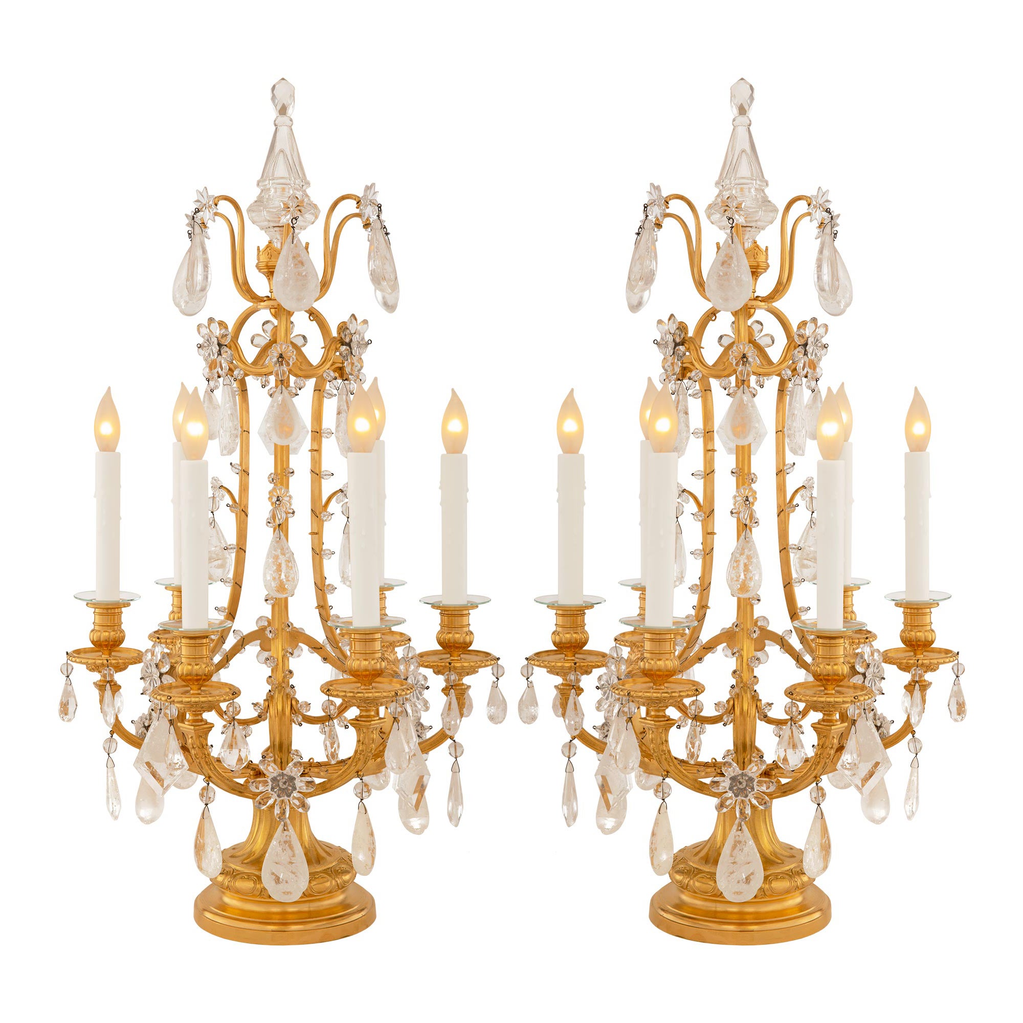 Pair Of French 19th Century Louis XVI St. Rock Crystal & Crystal Girandole Lamps