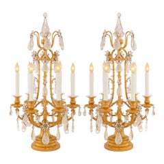 Pair Of French 19th Century Louis XVI St. Rock Crystal & Crystal Girandole Lamps
