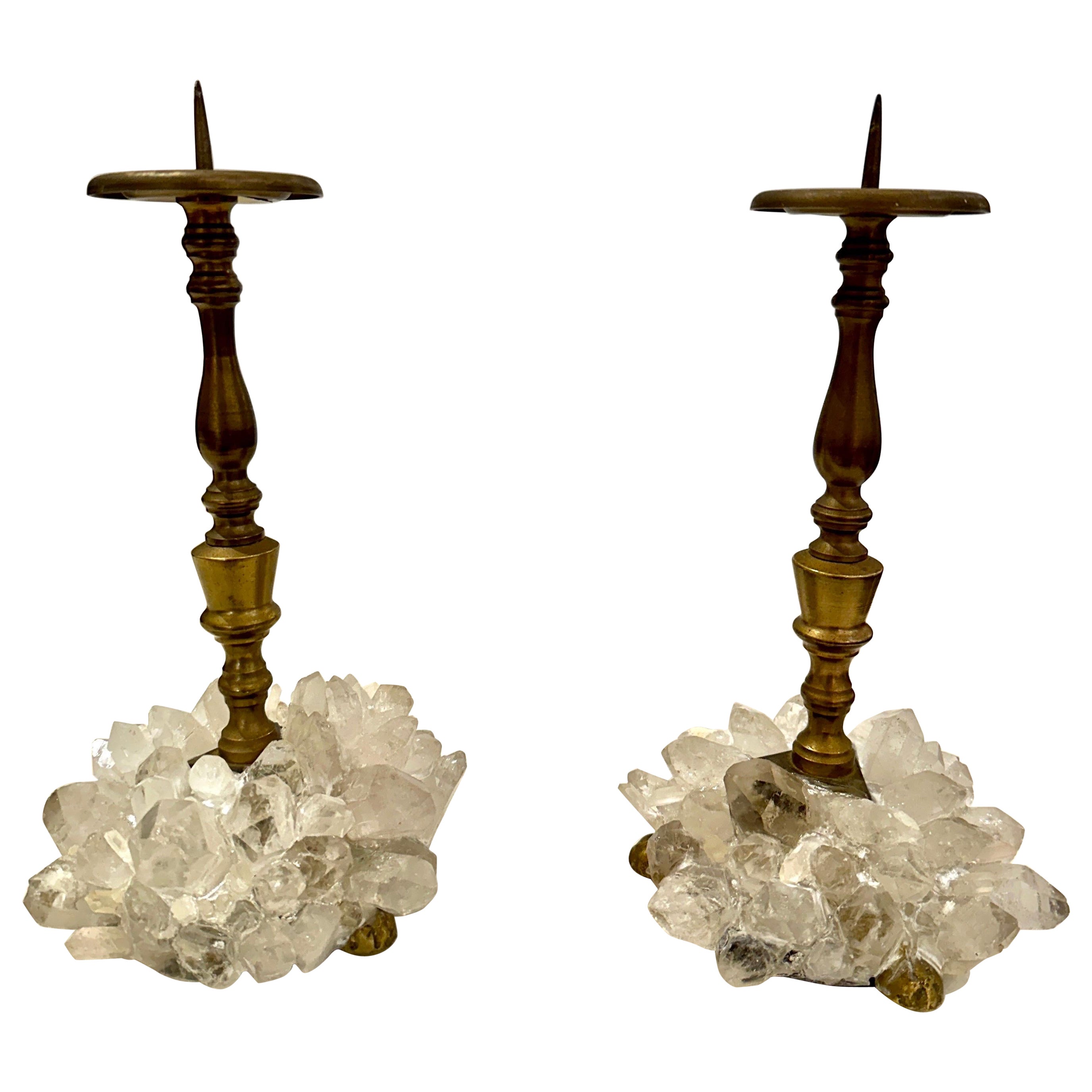 Early 20th C. Charming Pair of Bronze Candleholders w/ Rock Crystals