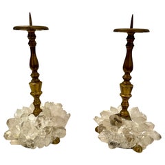 Vintage Early 20th C. Charming Pair of Bronze Candleholders w/ Rock Crystals