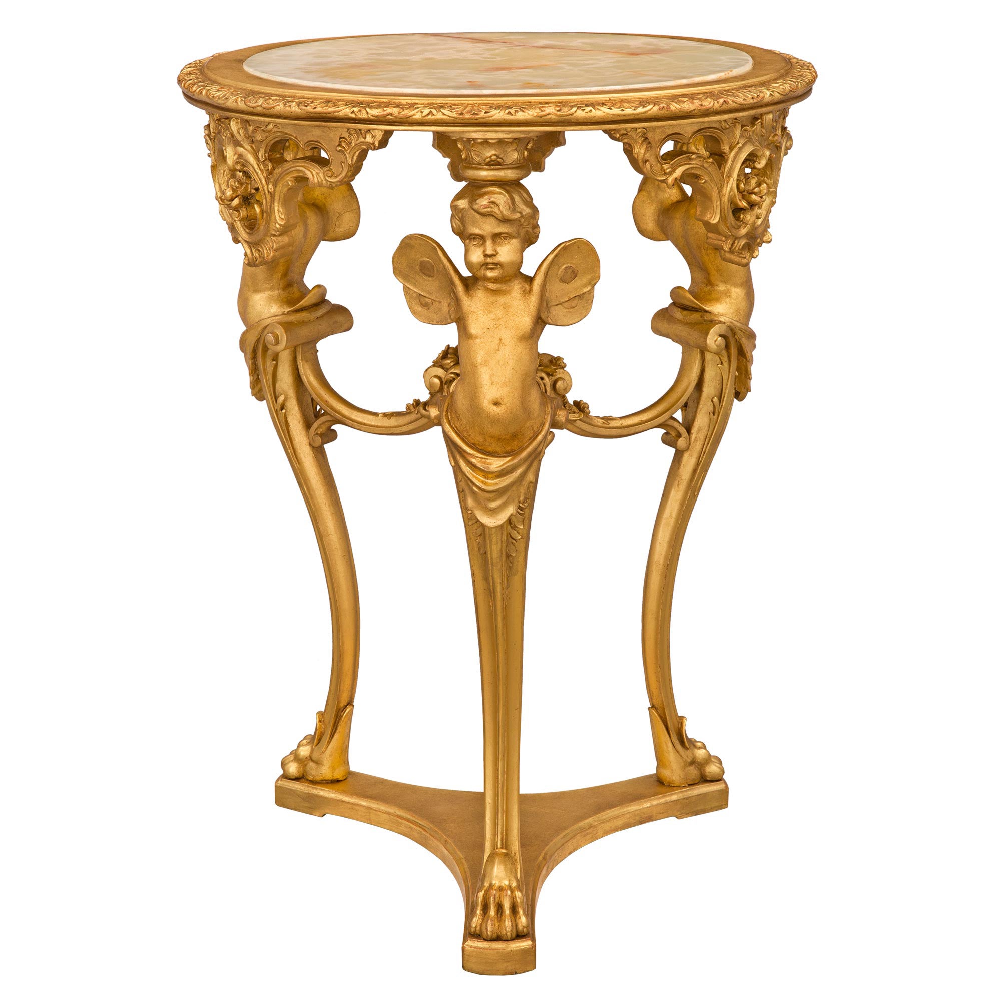 Table d'appoint italienne du début du 19e siècle en bois doré et onyx de style Louis XV