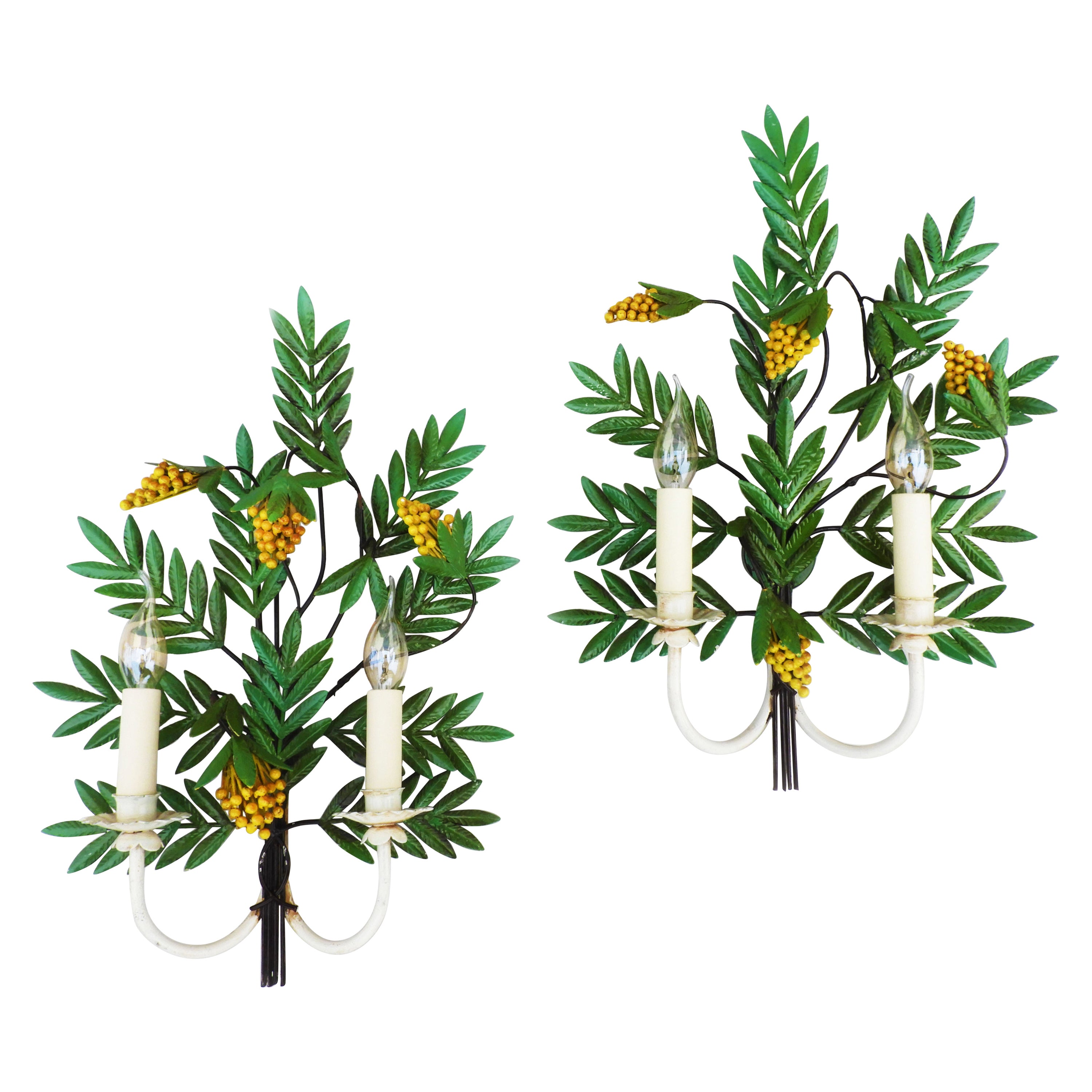 Pair of Large painted Tole Botanical Themed Wall Light Sconces C1960 France For Sale