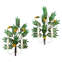 Pair of Large painted Tole Botanical Themed Wall Light Sconces C1960 France