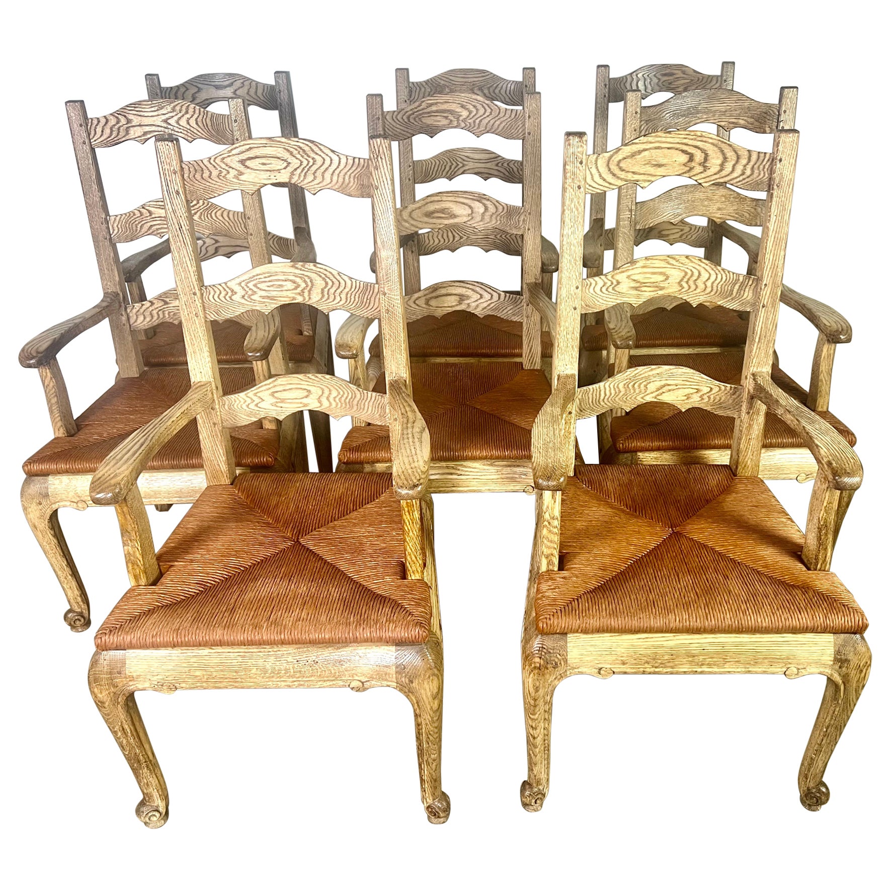 Set of Eight French Country Ladder Back Armchairs w/ Rush Seats  For Sale