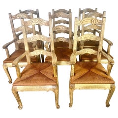 Vintage Set of Eight French Country Ladder Back Armchairs w/ Rush Seats 