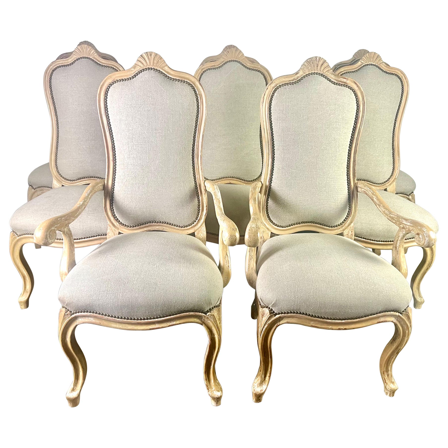 Set of Eight French Louis XV Style Dining Chairs w/ Belgium Linen Upholstery For Sale