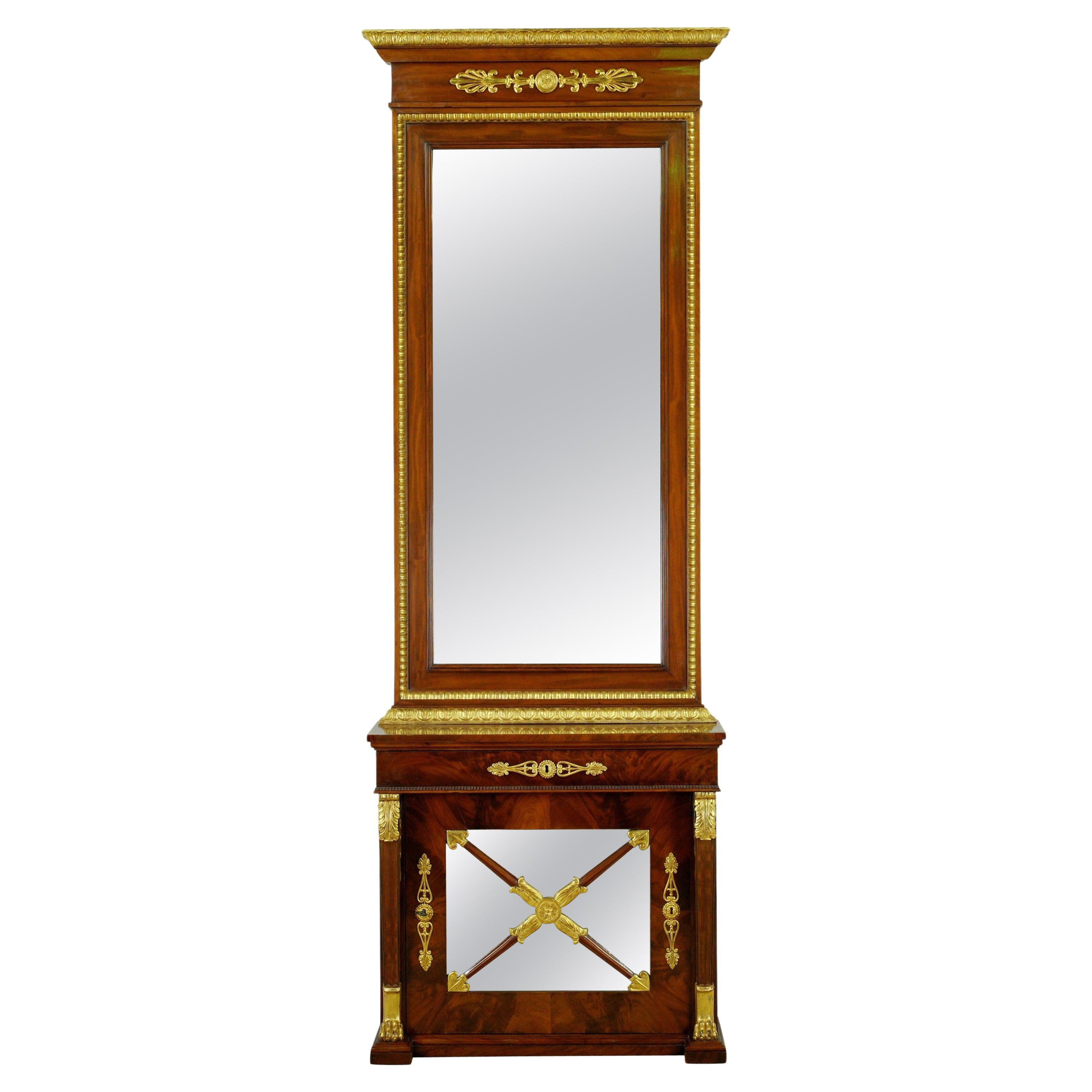 Antique miroir de pilier Empire français en acajou doré en vente