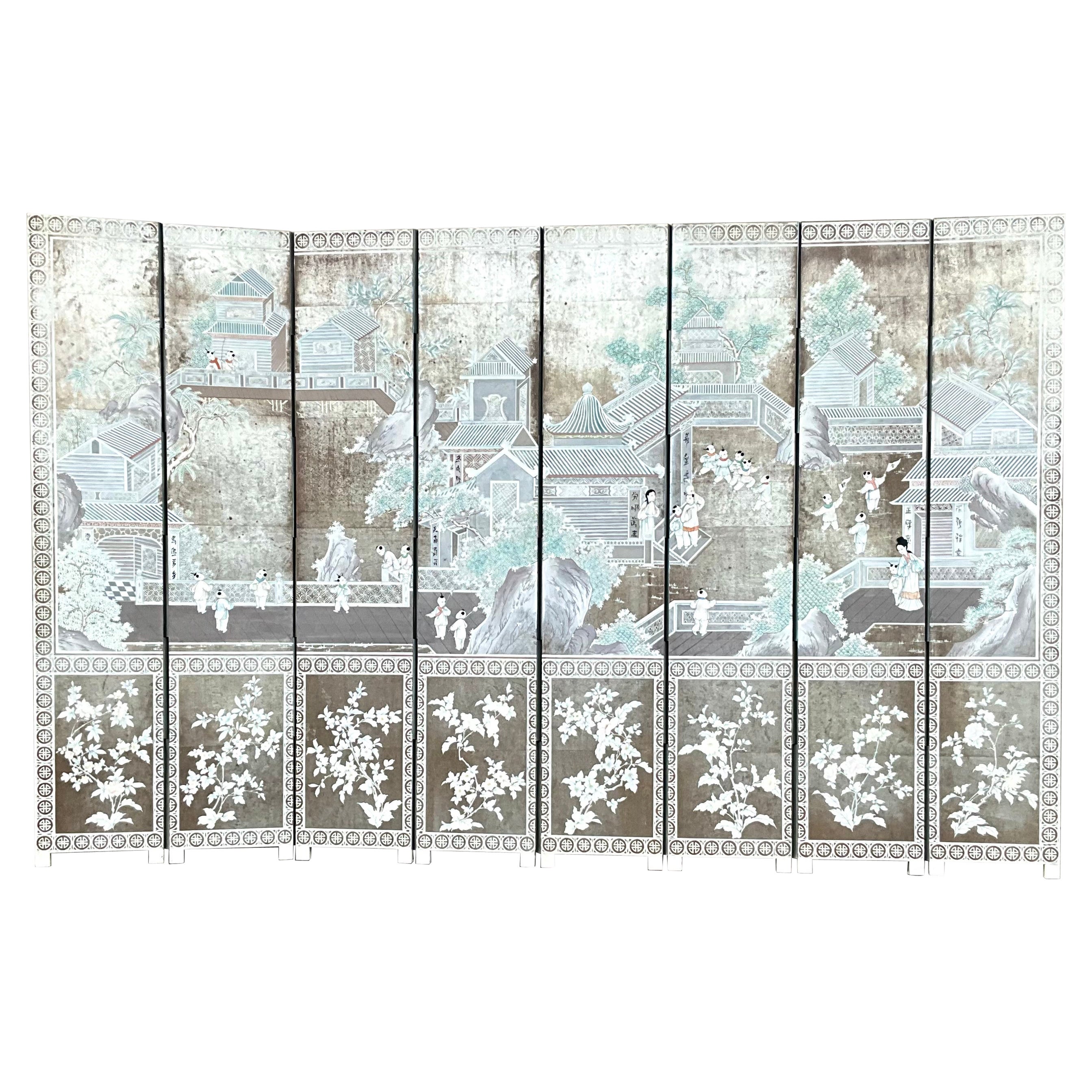 Regency Gracie Style Hand Painted On Silver Foil Chinoiserie Screen / Divider For Sale