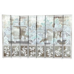 Regency Gracie Style Hand Painted On Silver Foil Chinoiserie Screen / Divider