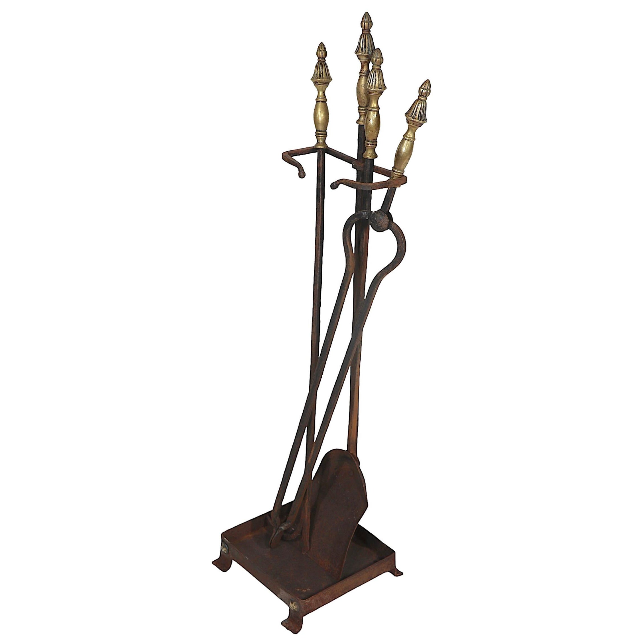 Wrought Iron and Brass Arts and Crafts Fireplace Tool Set  For Sale