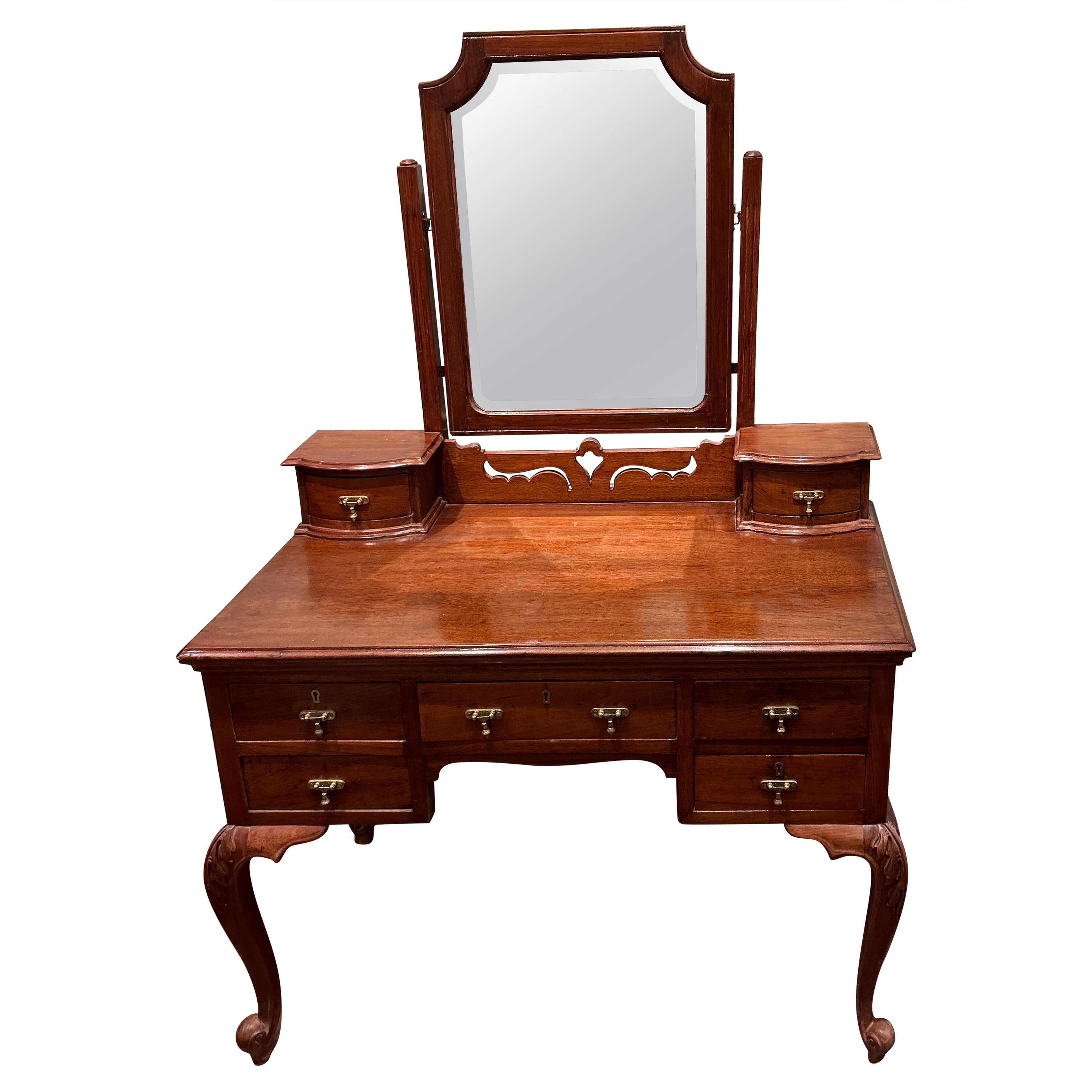 Art Nouveau Teak Hand Carved Vanity Cum Writing Table With Drawers & Brass Pulls For Sale