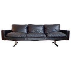 Danish Three-Seat Black Leather Sofa in the Manner of Poul Kjærholm