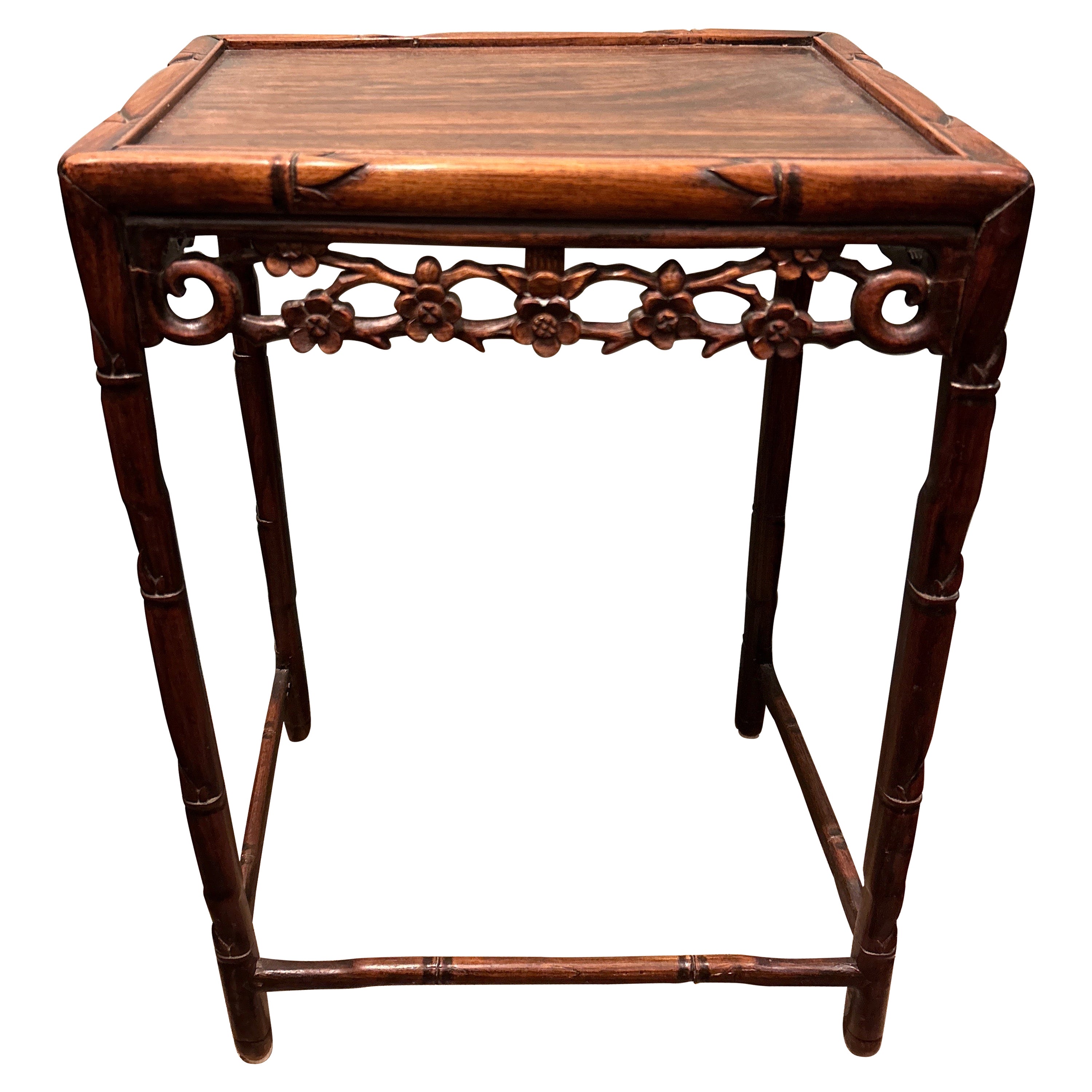 Late Qing Dynasty Rosewood Export Side Table Carved With Floral Bamboo Theme For Sale