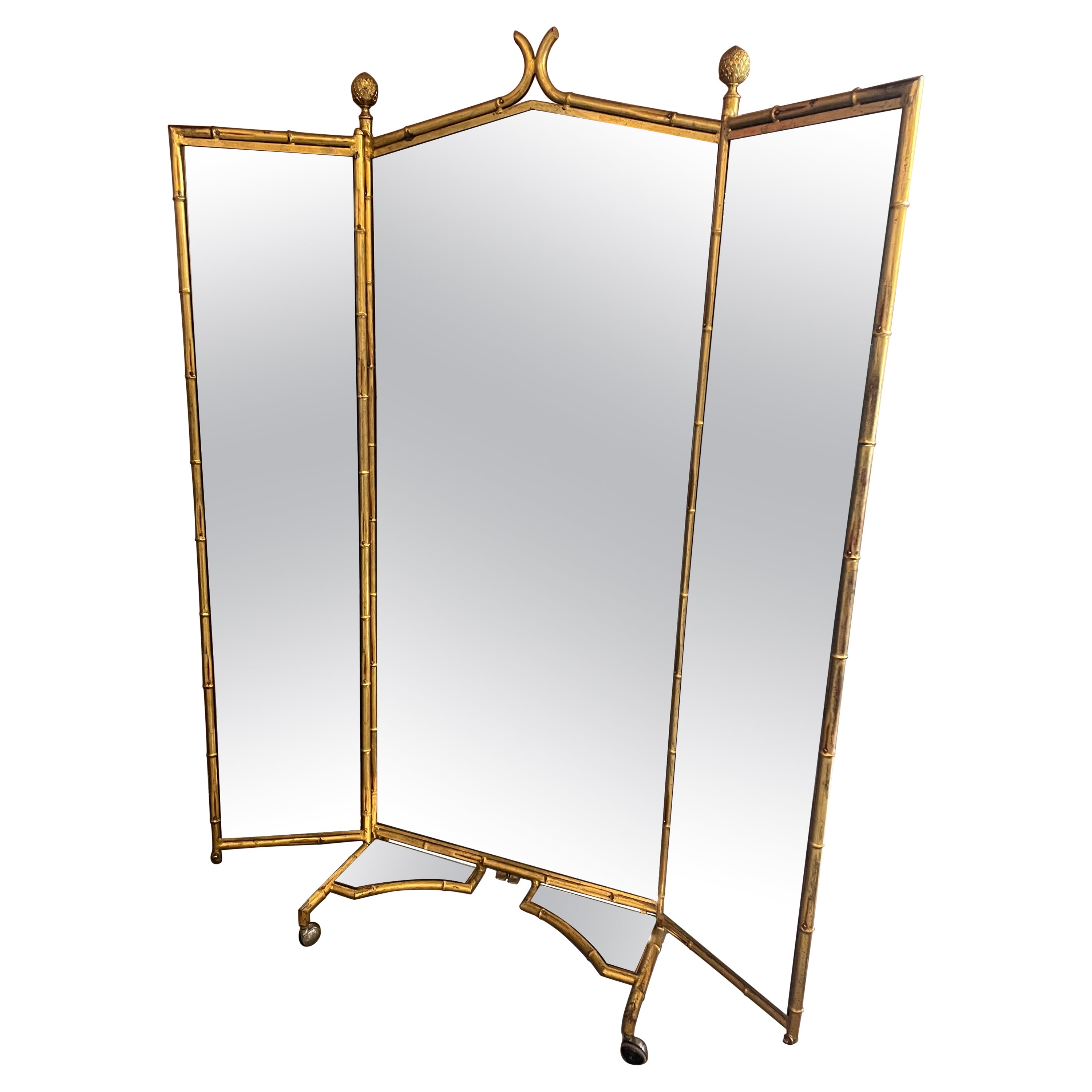 French Victorian Faux Bamboo Triptych Cheval Mirror Trifold For Sale