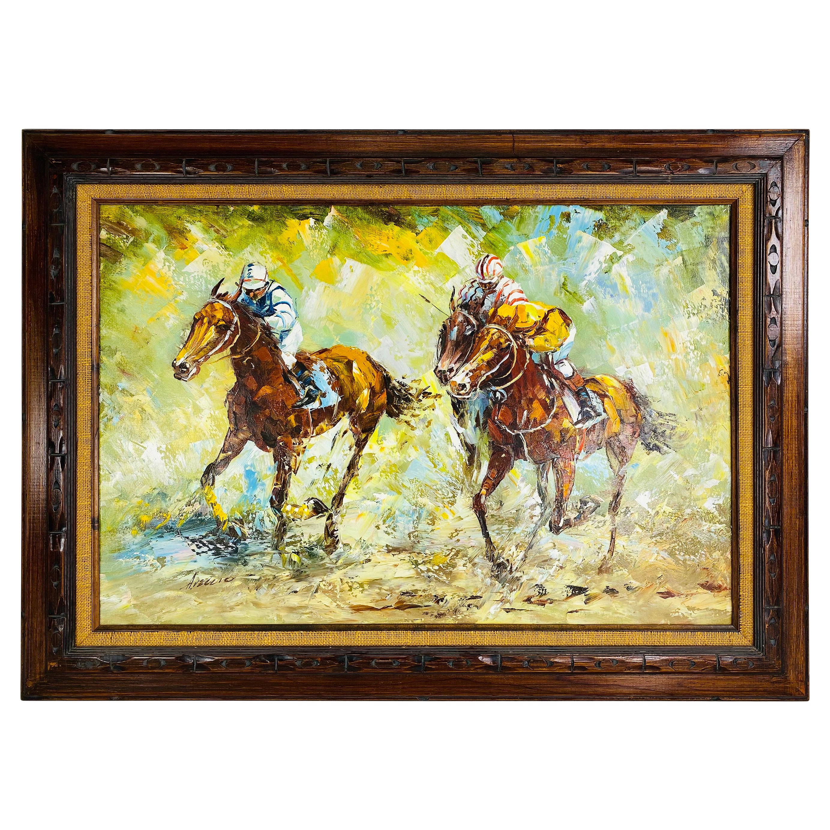 Mid century vintage handsome impressionist oil on canvas a day at the races. For Sale