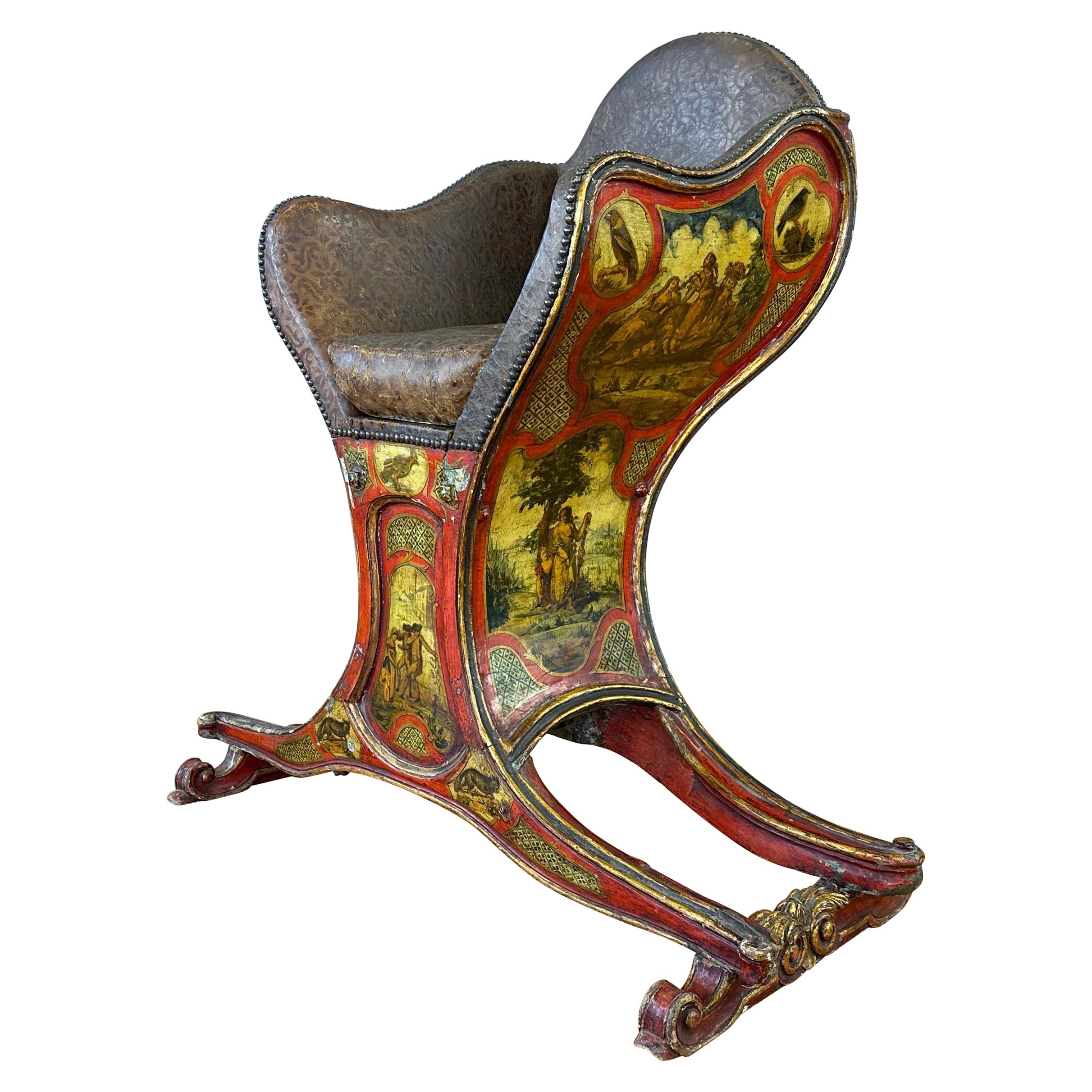 Venetian Illustrated, Polychrome, Gilt, and Leather Gondola Chair, c. 1820 For Sale