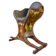 Vintage Venetian Illustrated, Polychrome, Gilt, and Leather Gondola Chair, c. 1820
